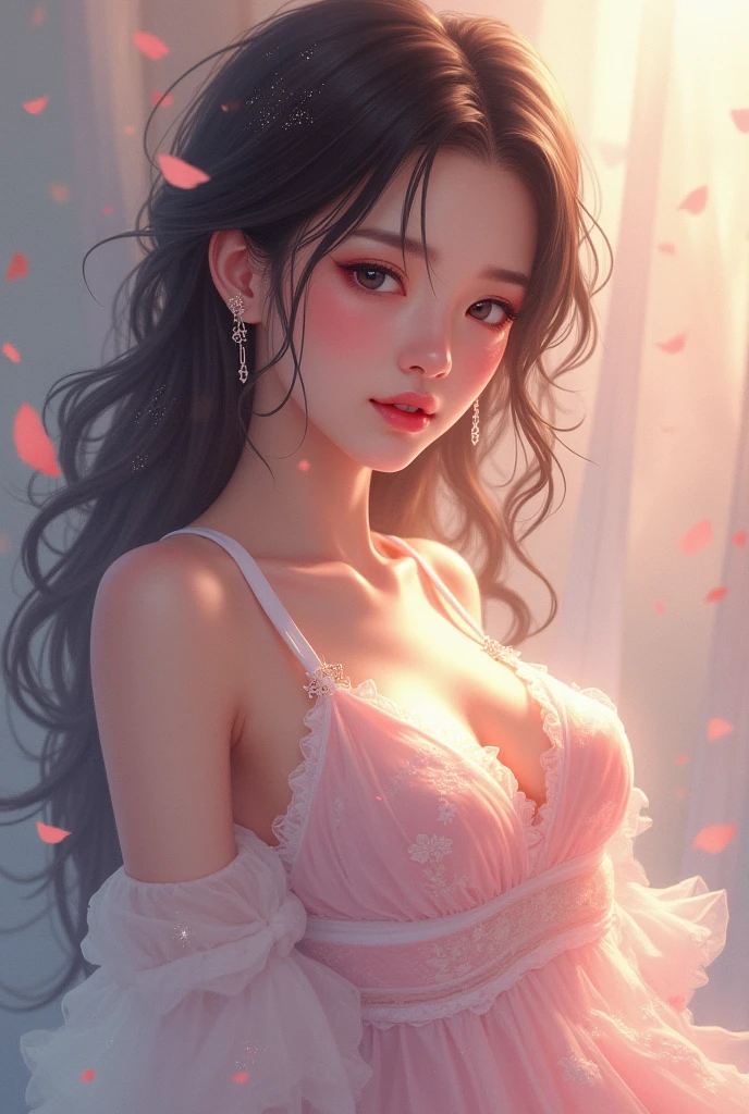 Sexy woman, eyes closed, mouth open, very deep blush, tip of the nose is red, long neck, off shoulder pink sweater, medium chest, visible cleavage, bedroom, warm lighting ,in bed