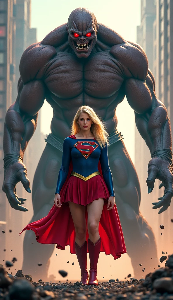 DC Comics Parasite a tall, muscular mutant man with purple skin, sharp teeth, white eyes, bulging veins, wearing tight white shorts is hugging from behind the frightened Supergirl from the CW series Supergirl. Front view.