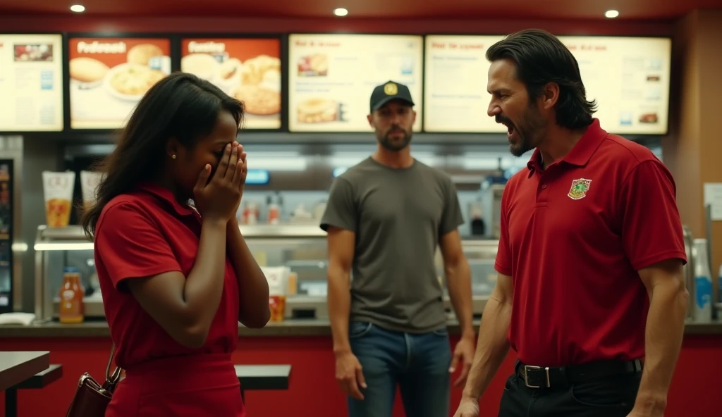 (photorealism:1.2), the image is split into two scenes. Left Side: A dark-skinned McDonald's employee, dressed in a red uniform with a yellow collar, stands facing a white woman in a green shirt. The employee's posture is tense, while the woman, with light-colored hair, smiles calmly, seemingly unfazed. Right Side: The confrontation escalates. The white woman, now mid-action, punches the McDonald's employee in the face. The impact is clear as the employee recoils in pain. The fast-food restaurant's interior is visible in the background, with diners and typical McDonald's furniture like tables and chairs, adding to the realism of the scene. The overall mood is tense and dramatic, capturing a shocking moment of conflict in what appears to be a candid photograph.