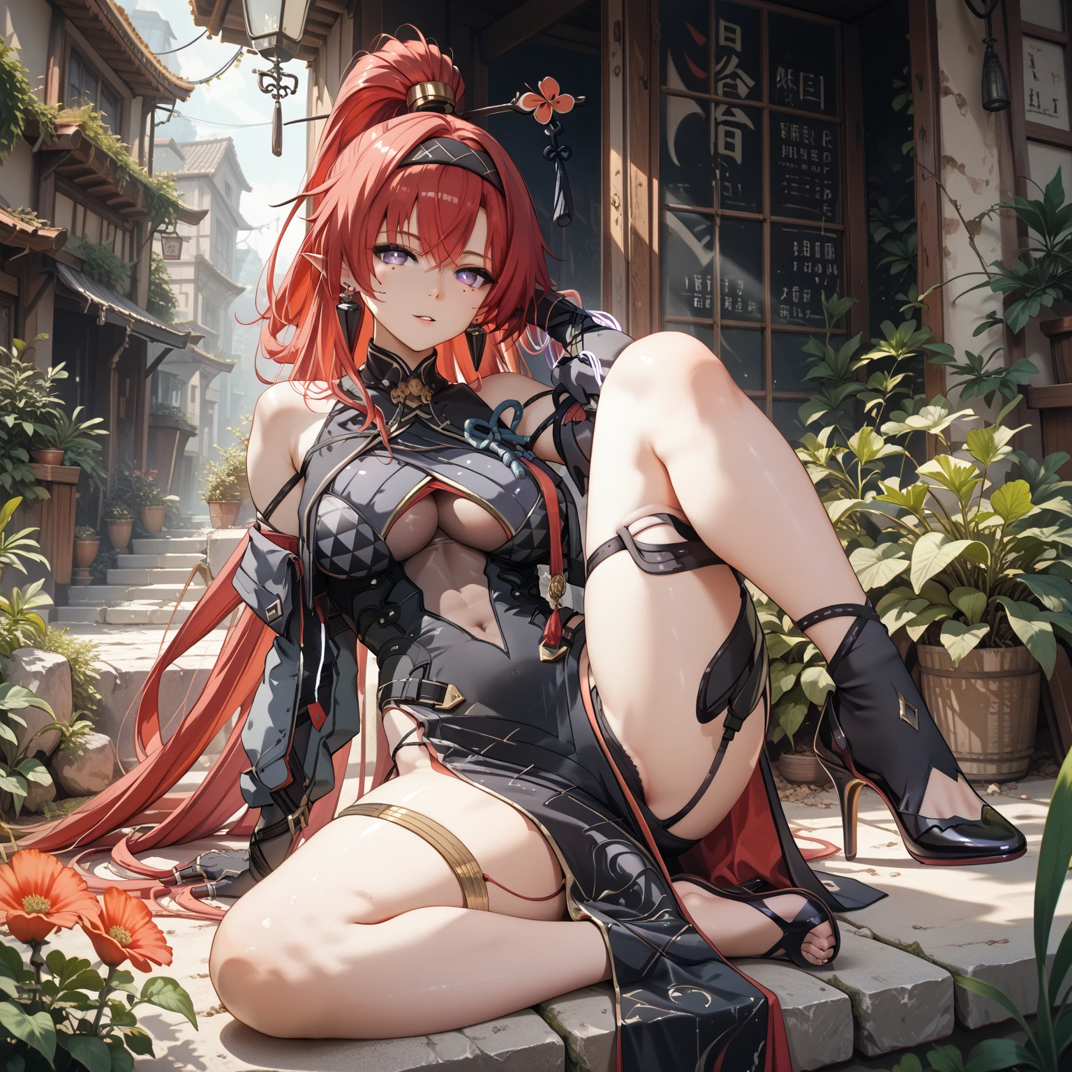 (Very good image quality), 1 girl (red shiny hair, long twintails)、 silver tiara, black blindfold, fully extended arm, fully extended legs, Magical girl, off shoulder,pleated skirt, Spreading skirt, Bikini that can be worn inside, Lace fabric bikini, Small bikini in black, garter belt, thigh high socks, Exhausted, blush, Sweat,pastel colour,(wonderland garden:1.3),rainbow waterfall,dripping ink,imagine,(city:1.4),