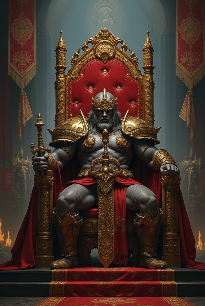 Generate a image of a very strong muscular White skinned being on a large throne in White and gold armour with his braids rolling down his chest