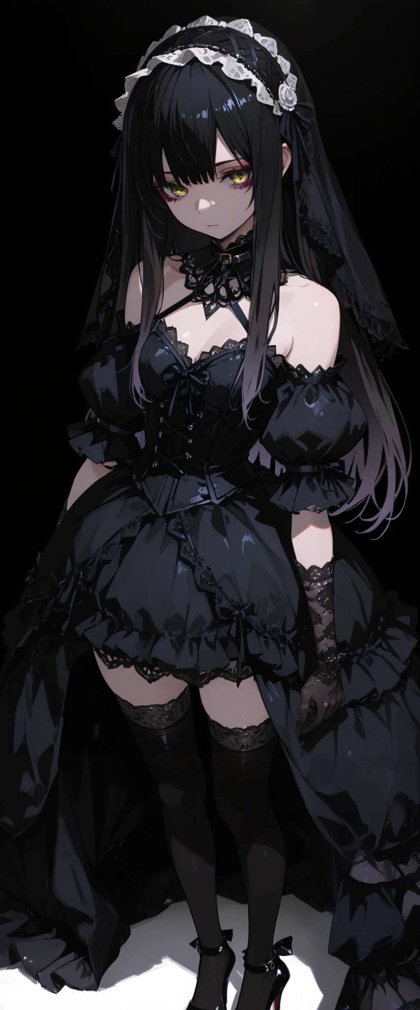 top quality , masterpiece, 748cm style , 1 girl, , viewers, , gradient hair, black hair, long hair, yellow eyes , gothic dress, black dress, gothic veil, lace gloves, bridal veil, looking at viewer, plain whitebackground, white background, black thighhighs, high heels, perfect waist, standing, eyelevel shots, lace gloves, puffy sleeves, dynamic light, lighting, gothic make up, eyeliner, shoulder, bare shoulders, from middle