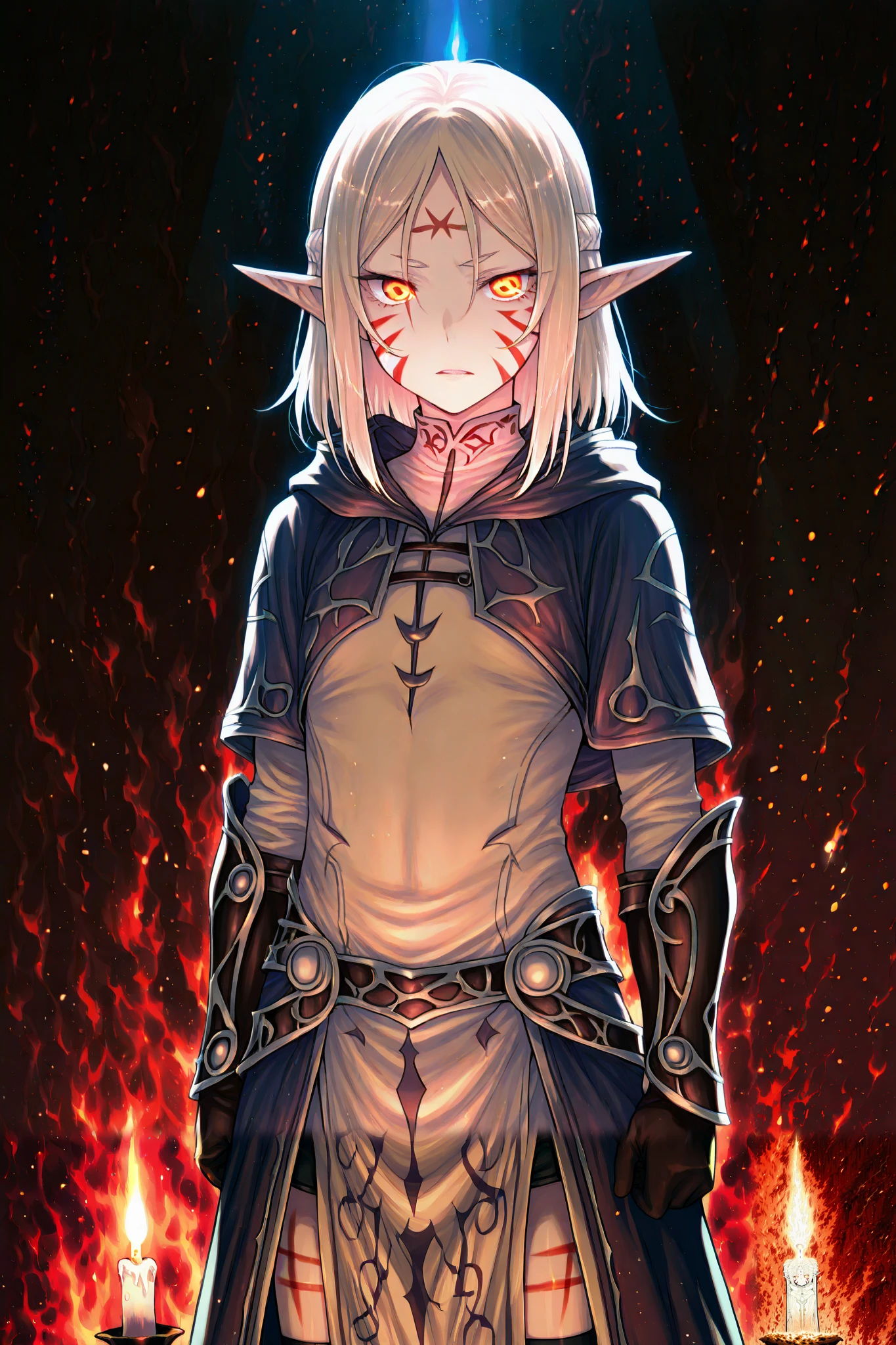 Elf Young wizard with burning eyes, runic facial marks. Plan to resist Sylmara.
- **Framework**: American Flat, highlighting a challenging stance in the Conclave.
- ** lighting**: flickering candlelight , accentuating a determined expression.