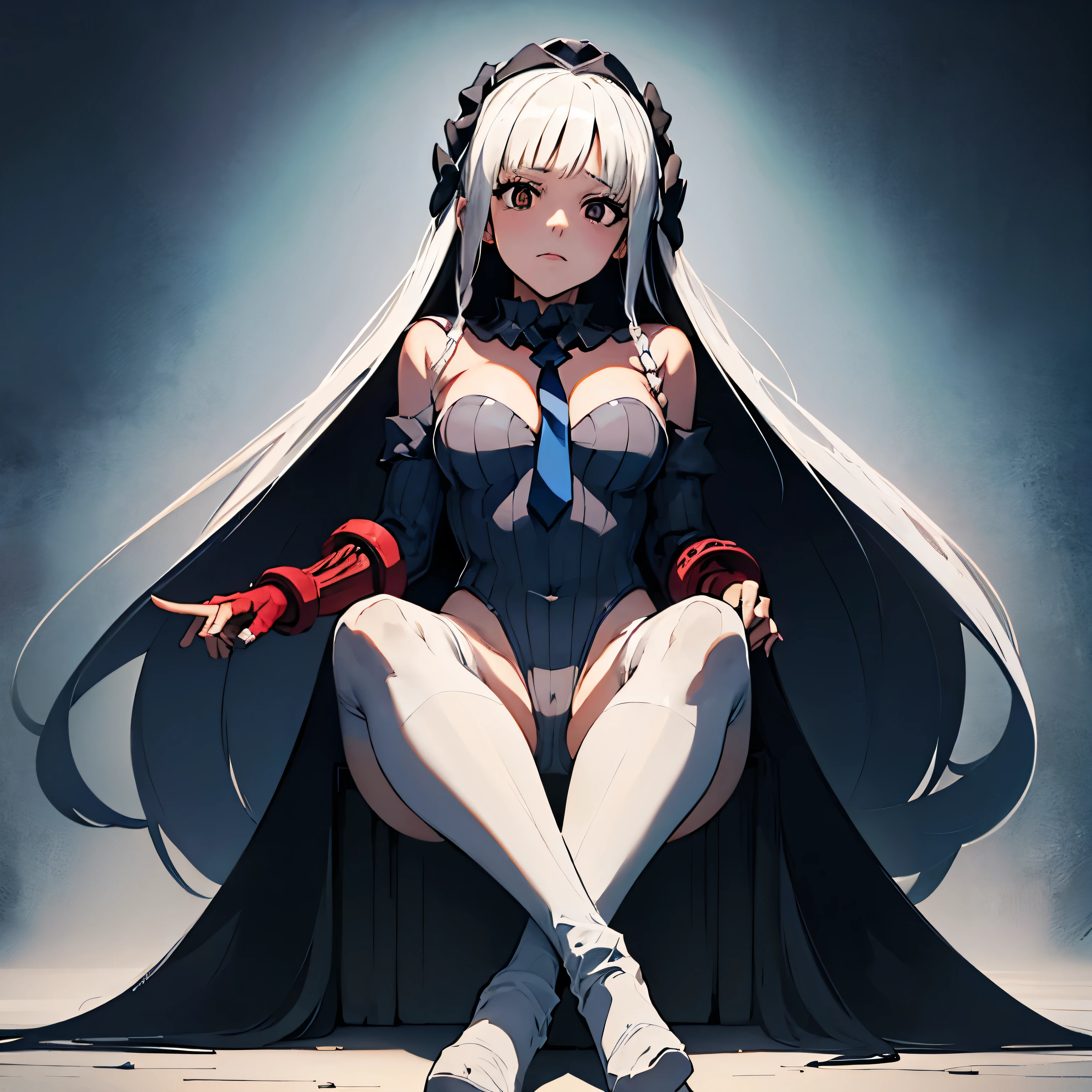 ultra-detailed, Explicit, Beautiful body, Beautiful Nose, Beautiful character design, perfect eyes, perfect face, ultra highres, 4K, beautiful legs, perfect legs, Nice hands, Perfect hand, Masterpiece, Best Quality, Highly detailed, illustration, absurdres, perfect anatomy, street fighter, doll suit, shadaloo doll, dollsuit, expressionless, blank eyes, looking at viewer, red gloves, emotionless, black latex, corruption, mind control, female combatant, full body, hypnotized, unhappy trance, full body suit, both arms at side, obey, perfect female body, extremely glossy latex, hypnosis, hypnoLora, empty eyes, Mind control device, poses, Slave, yellow necktie, latex, Fighting Stance, military, thigh boots, black pantyhose, dark persona, garter straps, (((pixel-perfect, detail-perfect))), solo, 1girl, hair ornament, submissive pose, seductive pose, Francesca, black eyes, braid, hair bow, symbol-shaped pupils, white hair, long hair, very long hair, blunt bangs, black bow, hairband, medium breasts, (((sitting, crossed legs, sitting on throne)))