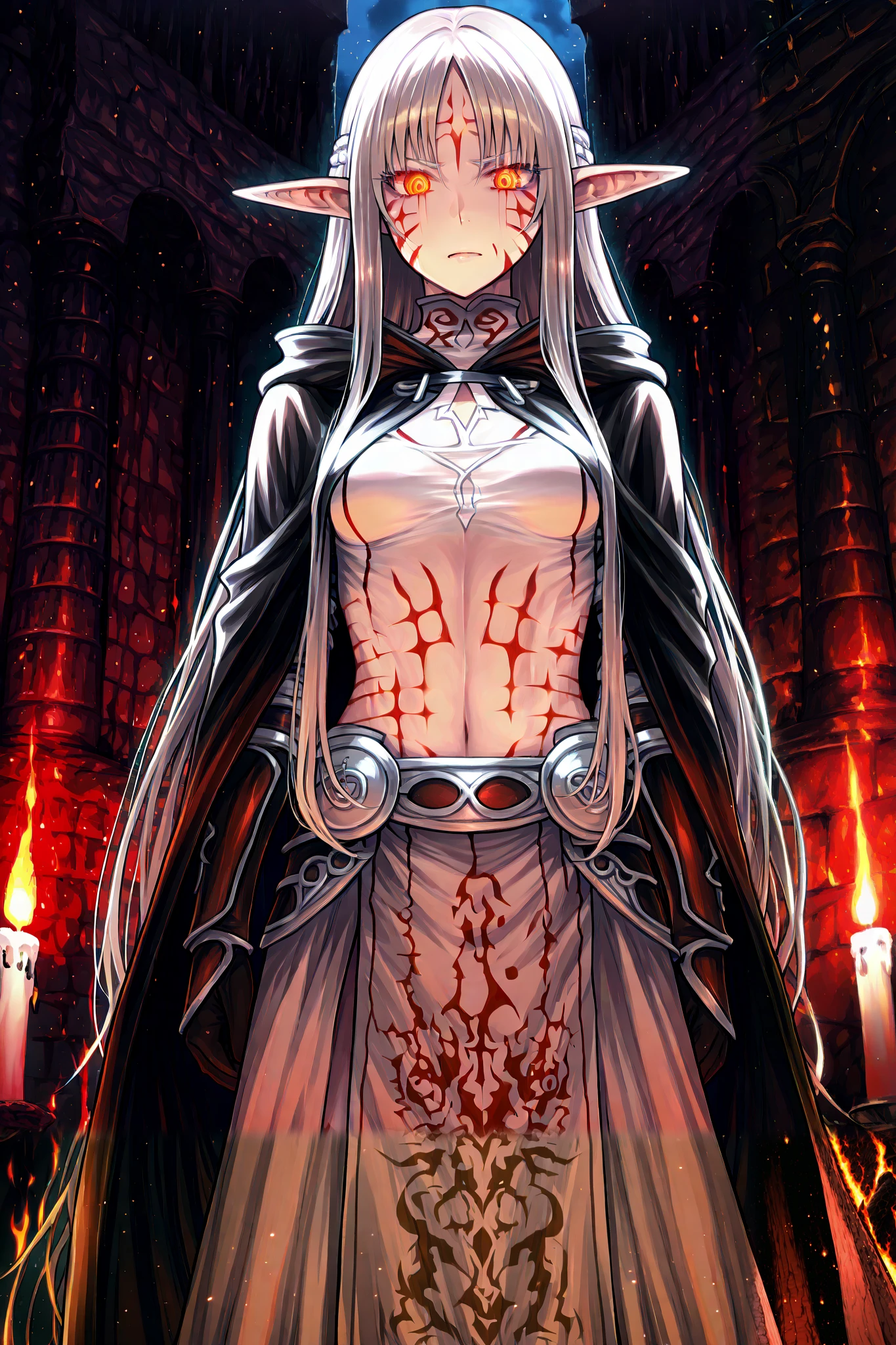 Elf Young wizard with burning eyes, runic facial marks. Plan to resist Sylmara.
- **Framework**: American Flat, highlighting a challenging stance in the Conclave.
- ** lighting**: flickering candlelight , accentuating a determined expression.