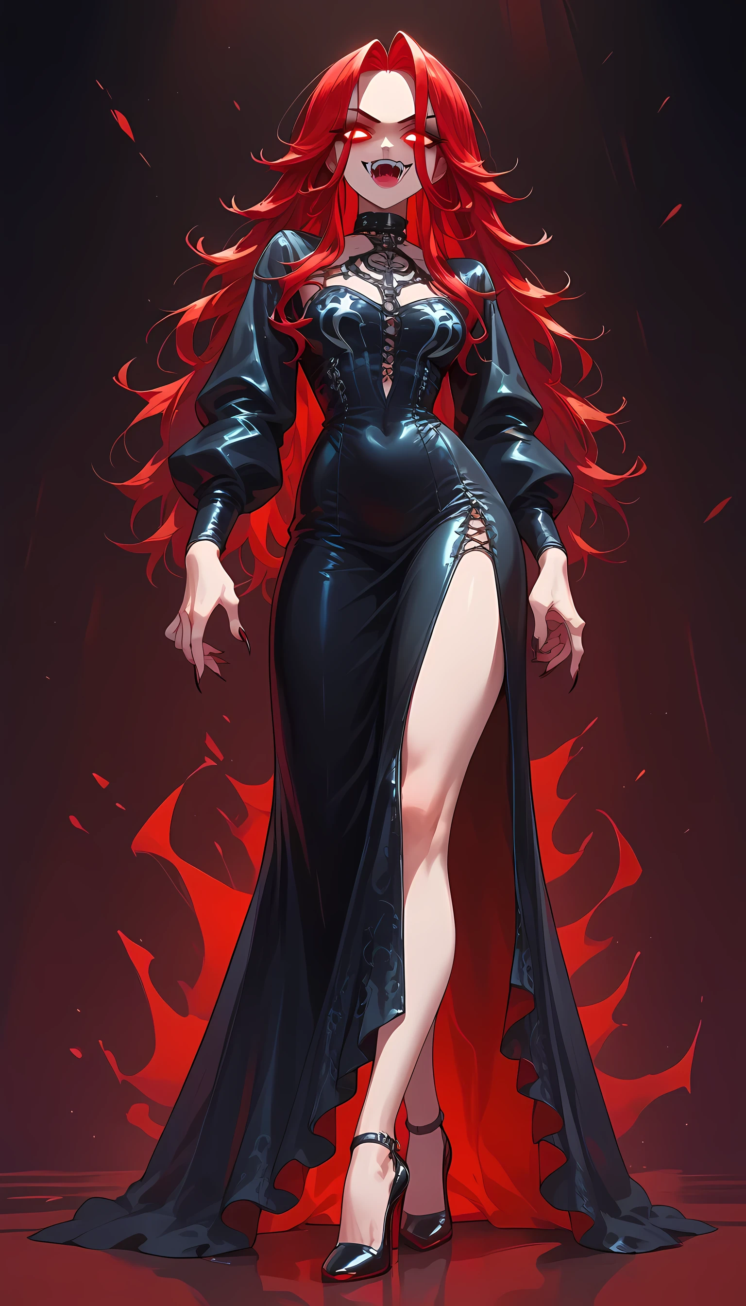 score_9, score_8_up, score_7_up 1vampire woman, red hair, long hair, glowing eyes, fangs, intricate leather dress, high heels, standing, full body shot, goth bar background