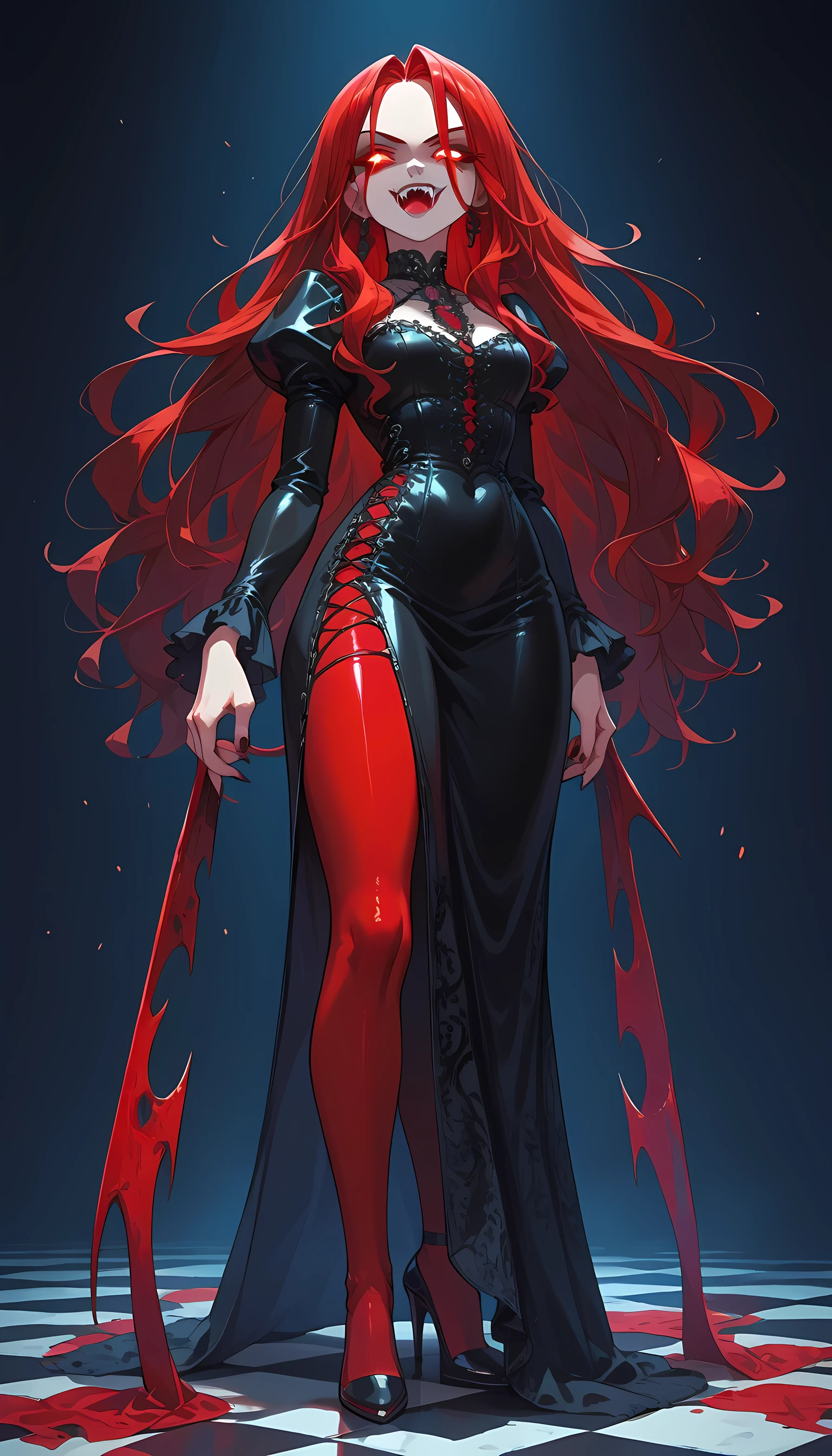 score_9, score_8_up, score_7_up 1vampire woman, red hair, long hair, glowing eyes, fangs, intricate leather dress, high heels, standing, full body shot, goth bar background