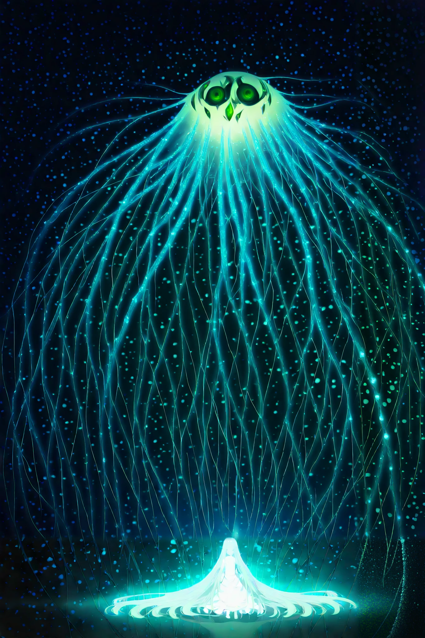 high, of poisonous green eyes, flowing cape that casts vivid shadows. Ambitious and mysterious ruler, linked to shadow powers.
- **Framework**: Mid-low plane, highlighting her imposing silhouette against the blue lights.
- ** lighting**: Cold front light (bluish tones), with elongated shadows behind, giving proper movement.