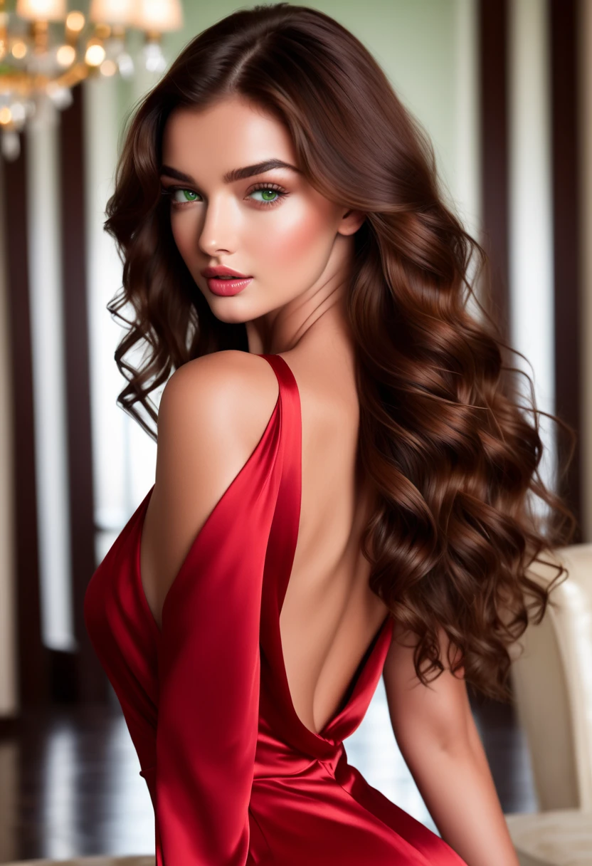 Masterpiece, Caucasian Brazilian woman, ((Gisele Bündchen:Alessandra Ambrosio:0.5)), seductive pose, wearing a sensual red dress, revealing toned curves, ((slender body:1.1)), ((long, wavy brunette hair:1.2)), expressive green eyes, full lips, body positioned facing the screen, soft lighting, high definition, ultra high resolution, captivating, film grain:0.8, warm tone:1.1, cinema-quality image, Canon EOS R5, 50 mm prime lens by Patrick Demarchelier.