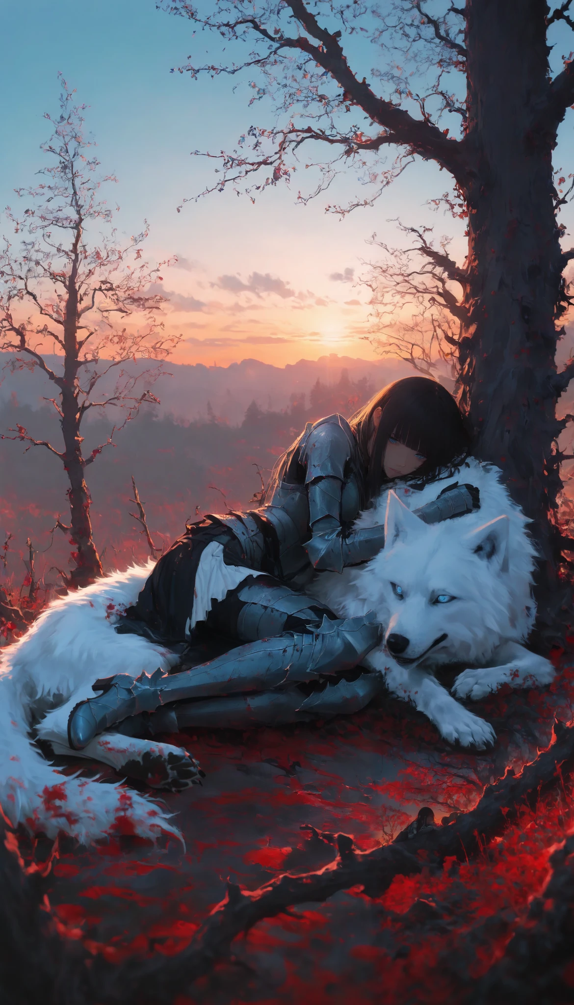 (foreground) Of a girl.heavy armor,clear sky,Game of luses,sunset,artistic contrast.white wolf.thorns,blood,1 girl sitting,Lying in a tree,wolf lying on top,Hug,detailed face, Linda way,blue eyes,peace and quiet.( masterpiece, best quality), safe, bangs of incredible quality , very aesthetically pleasing, absurdities, highres, newest , HDR-10, 8K,