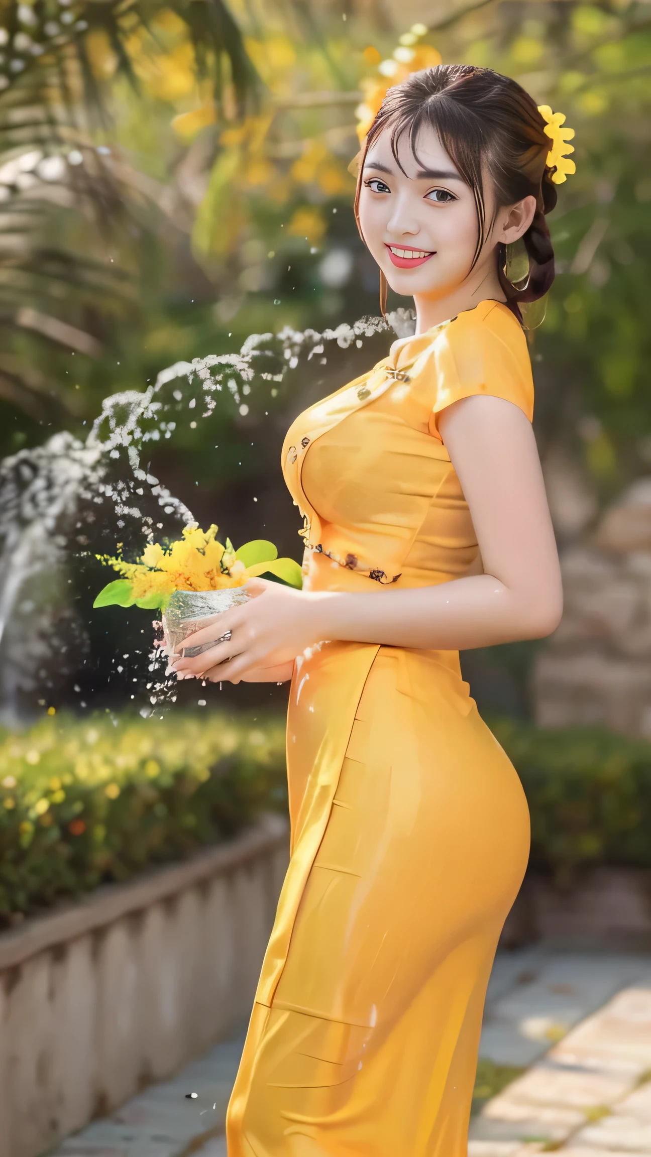 Burmese girl with attractive curvy full body.  Friends full-length bikini,( Gold,white,grey ) (blue 💙 dress) Burma's long-lasting body is full of sensuality, and the beauty of the body She has the prettiest smile on her face, natural maximum breasts,natural maximum rump,highlighting her wet beauty and splashing water outline is too revealing.( Human form )[[{Thin dresses are wet and underwear is visible }]] (Blue 💙 Dress )The long skirt she wears highlights her high hips. The beauty under the dress is so beautiful that the eye can see. She wears bright yellow flowers, smiles and water.
Background garden.