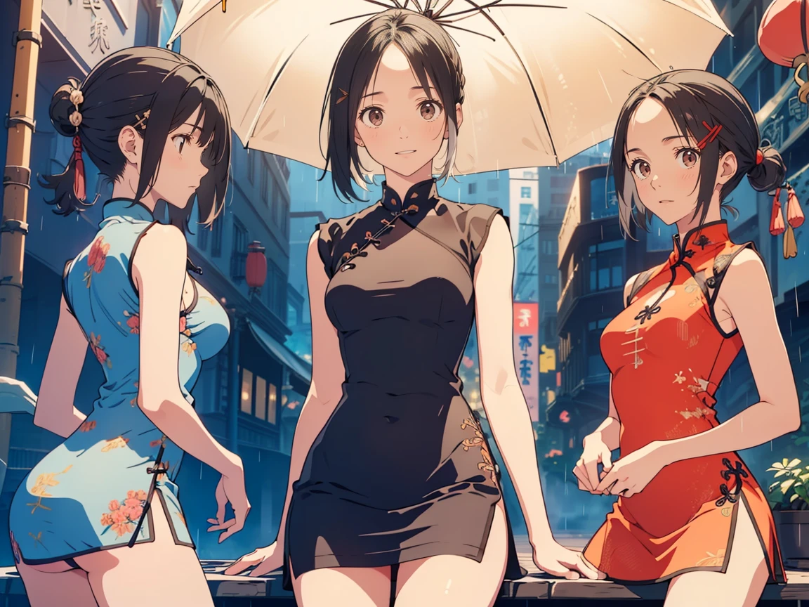 a group of prostitutes in the middle of a city at night, short dresses, sexy, long hair, hair tied in a ponytail