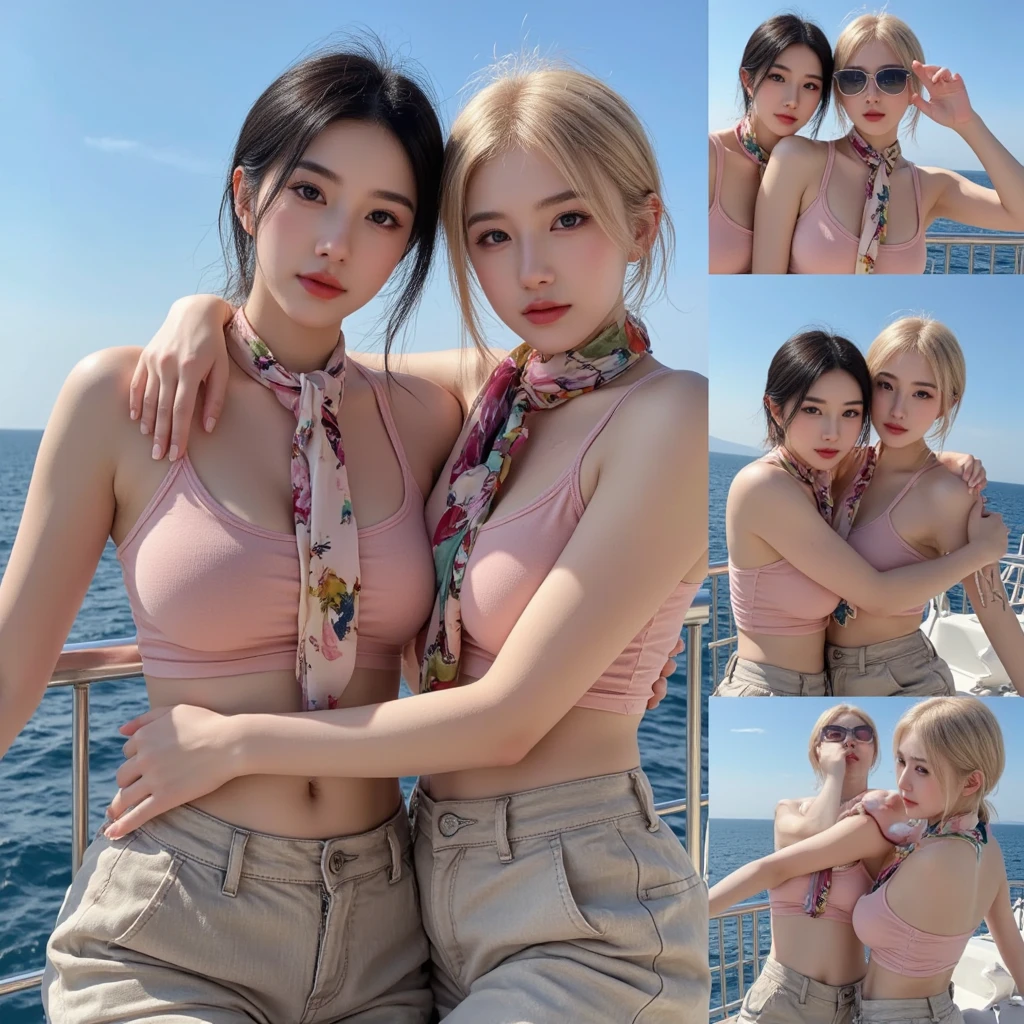 ((((((Starbucks outdoor cafe by the sea))))))
(masterpiece:1.5), (((最high quality, 最high quality, high quality))), ((Exquisitely crafted, Very detailed, Very detailed)), High resolution, 32K, Very detailedUnity CG 8K壁紙, (beautifully、aesthetic:1.2), (((Award-winning))), Professional Illustration, Official Art, large size image, fine intricate details, Perfect balance, Landscape, Panorama, Sharp focus, Extreme sharpness, Perfect clarity, (close), Dutch Angle, ((Soft indirect lighting, Vibrant colors)), Dynamic pose, Look straight, (Relaxed posture:1.4), (Upper Body:1.4), (Two Girls:1.5), (lily, Multiple Girls:1.5), (kiss:1.8), Beautiful gorgeous face, [:(Detailed face:1.2):0.2], Pure Eros Face_v1, Red lips, Fuller lips, (close your eyes:1.5), Perfect feminine body, Bright and glowing skin, Realistic Skin, Skin pores, (((straight belly, Detailed navel, between legs:1.3))) , Tight waist, (Alongside:1.5), (Large Breasts:1.5), (Pleated mini skirt:1.4), (Seraphim:1.5), (Long sleeve:1.4), (Detachable collar:1.4, bow tie), (((Crotch seam, Loose front seams))), (((same))) Earrings, 
(((((Emphasize cleavage)))))
((((((White floral panties and bra are visible))))))
、((((((Eat cake、Drink Starbucks coffee、smile))))))、((((Heart Necklace、Gold bracelet))))
((((((View of the blue sea of the Maldives))))))