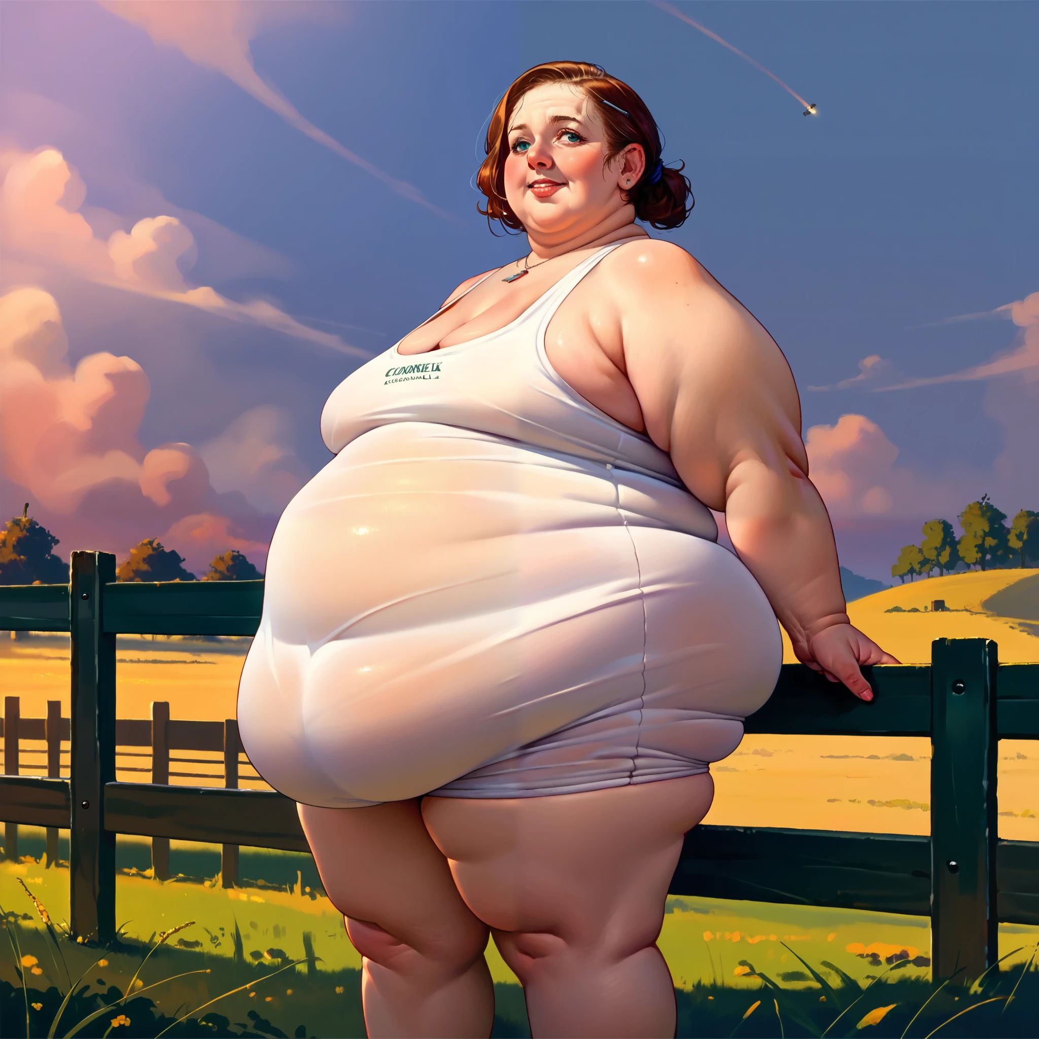 Sophie Turner, on farm, sunny day, detailed, long hair, orange hair, cows in background, barn in background, sunny day, cloudy skies, naked body, , no clothing, (no clothing:1.9), sexy pose, bottles of milk on the ground, gigantic breasts, (gigantic breasts:1.9), topless, no shirt, bare breasts, naked breasts, obese belly, (obese belly:1.9), obese arms, obese legs, wobbling belly, belly full of food, sweating, sweaty, shiny skin, lactation, lactating breasts, (lactating breasts:1.5), gigantic belly, (gigantic belly:1.9), ssbbw, (ssbbw:1.9)