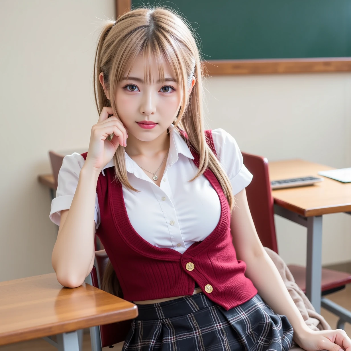 (masterpiece、best quality、extremely detailed 8k、ultra hd、ultra-detailed、highly detailed、highly realistic、photo realistic)、(beautiful realistic face、detailed realistic face)、1 girl、Blonde、long bangs between the eyes,、Super long bright blonde straight hair、twintails、ed bows、red bows in hair、beautiful countenance、Very cute beautiful sexy young little woman、Very perfect beautiful cute face、Glowing big bright light blue eyes、 student、blonde、Young Western Woman、Beautiful white shiny skin、 bag、 black legwear、 chalkboard、 classroom、skirt、red skirt、 pleated skirt、 red skirt、 school bag、 school 、uniform、thighhighs、Brown shoes