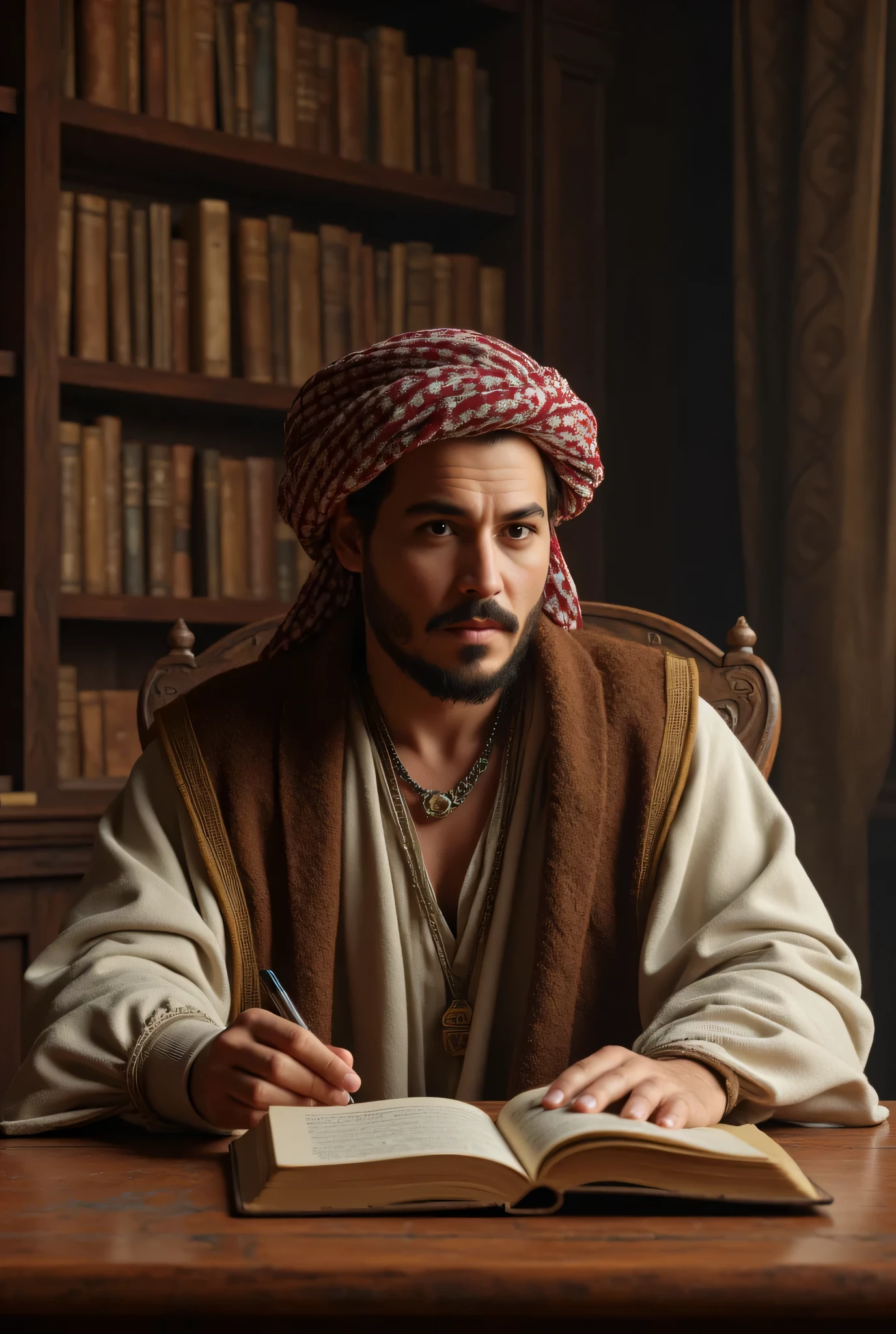 **Prompt:** medieval age era, Create an ultra-realistic digital artwork depicting a handsome young Arab philosopher from archaic medieval times, sitting thoughtfully at a grand wooden table in a vast manuscript library. He is intently writing in an ancient book, his focused expression conveying a genius vibe. The scene should be captured in wide-angle view, showcasing intricately detailed shelves filled with scrolls and manuscripts in the background. Focus on the philosopher’s mesmerizing smiling face, blending features reminiscent of Johnny Depp, Hugh Jackman, and Nicolas Cage, while dressed in a beautifully rendered ancient Arab outfit complete with a turban. Ensure the composition is balanced and dynamic, utilizing octane 3D rendering techniques for ultra-realistic textures. Aim for best photography composition and depth of field with slow shutter speed effects, creating a photorealistic atmosphere that transports viewers to a past era. The final piece should reflect the highest quality standards, showcasing meticulous attention to human anatomy and the artistic principles trending on platforms like CGSociety and DeviantArt.