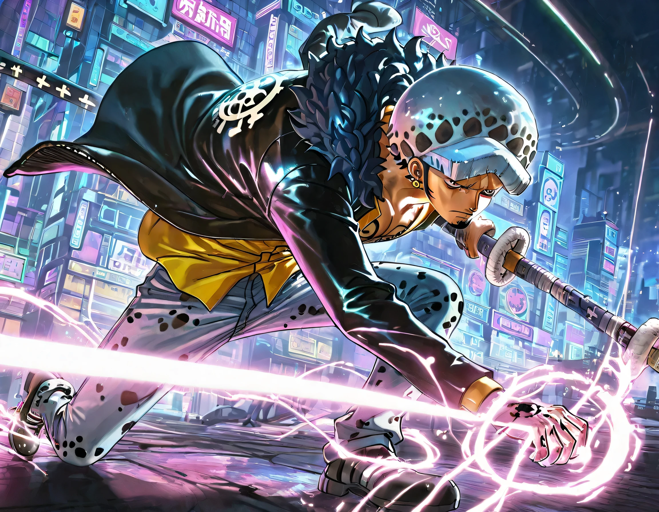 Trafalgar law, stylish sneaker, stylish jacket, cyebernatic world, epic wallpaper, cinematographyTrafalgar law, detailed portrait of man in stylish black jacket and sneakers, cyberpunk city futuristic neon landscape, dramatic cinematic lighting, intricate mechanical cybernetic enhancements, 8K, hyperrealistic, concept art, digital painting, photorealistic, unreal engine, dramatic mood lighting, moody atmosphere, neon city, advanced technology, glowing details