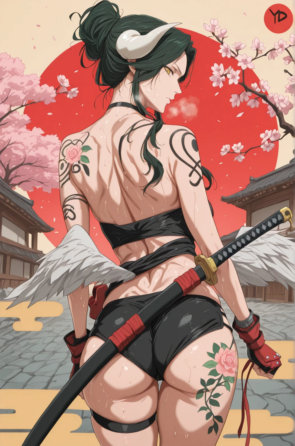(marumoru-style:1.2), (yd \(orange maru\)-style:1.4), babu_style, manhwa, anime coloring, anime screencap, anime-style detailed background, vignetting, masterpiece, high quality, absurdres, best quality, very aesthetic, newest, dynamic composition, anatomical correct, HD, 4K, digital art, trending on ArtStation, perfect body, perfect eyes, perfect fingers, gasping, heavy breathing, excessive sweating, sweating, sweating profusely, gasping profusely, cinematic, ((skindentation)), ((curvy)), albedo \(overlord\), black hair, low wings, long hair, demon horns, slit pupils, yellow eyes, mature female, bright pupils, bright pupils, ((flabby stomach)), plump, 1girl, tattoo, back_tattoo, weapon, sword, solo, east_asian_architecture, ass, gloves, architecture, arm_tattoo, katana, flower, sheath, from_behind, fingerless_gloves, choker, cherry_blossoms, leg_tattoo, sheathed, looking_back, thigh_strap, bare_shoulders, shorts, shoulder_tattoo, flower_tattoo