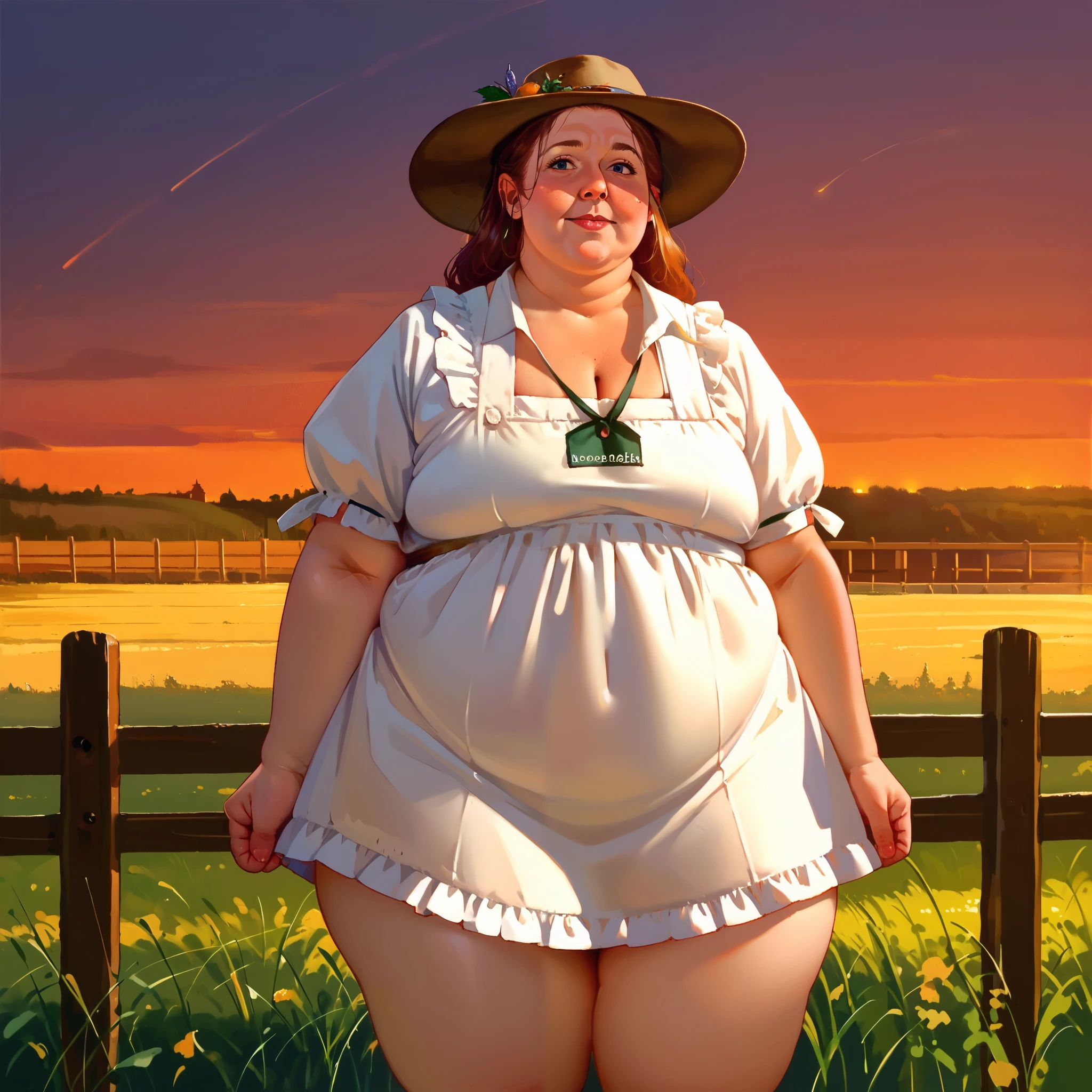 score_9, score_8_up, score_7_up, source_anime,1girl, from the side, (covered belly:1.2) (fat and nervous:0.5) sitting on a fence,, , , skindentation , lize1st, , , (immobile:1.1), dark sky, on a farm, volumetric and specular lighting, ((large sagging chest)) ((art by norman rockwell)) ((Safe for work)) ((dynamic angle)) () ((realistic anime)), (rule of thirds), detailed anatomy, (skindentation),  (weight conscious), farm dress with work apron, 
