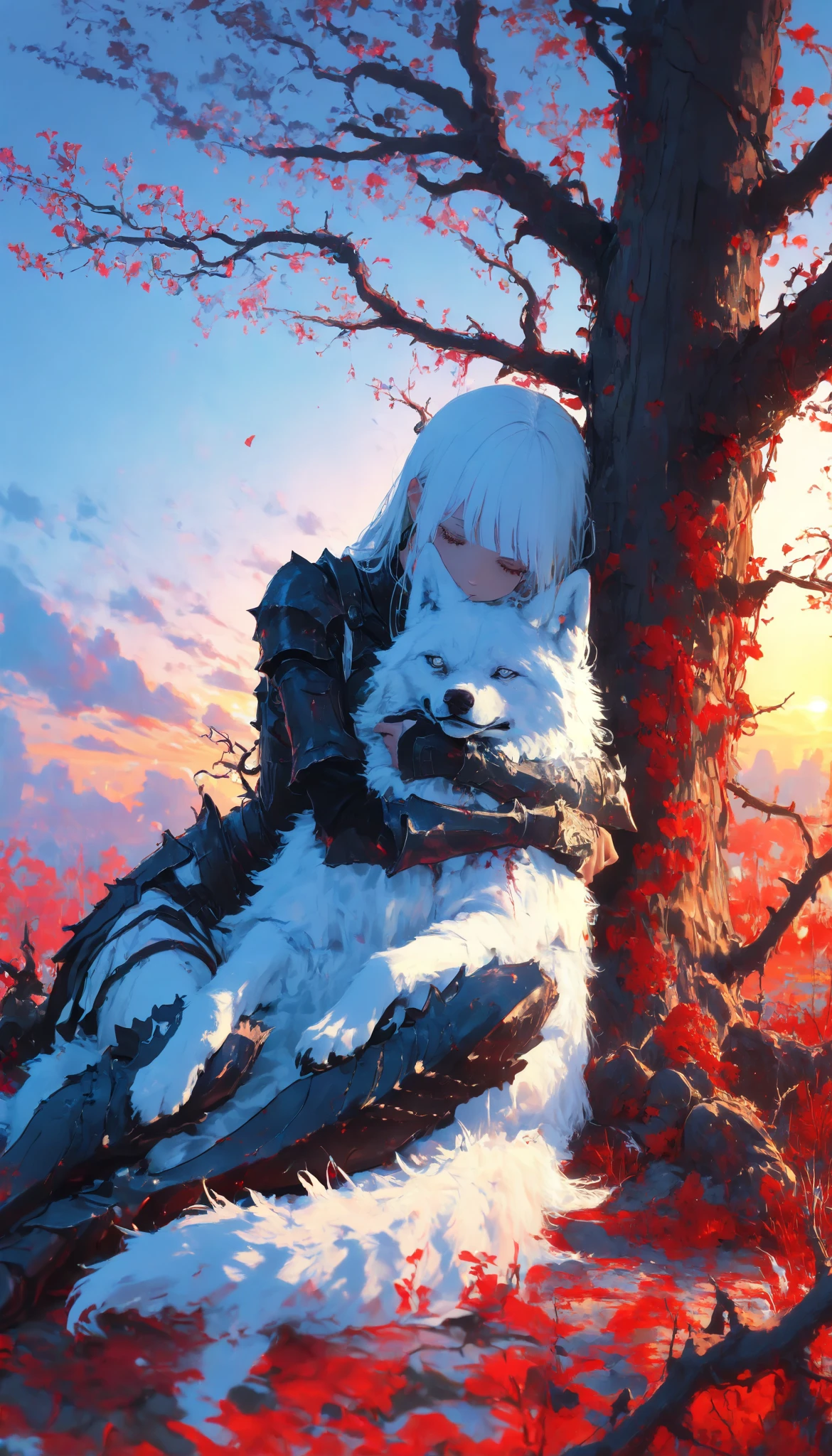 close up of a girl .heavy armor,clear sky,Game of luses,sunset,artistic contrast.white wolf.thorns,blood,1 girl sitting,Lying in a tree,wolf lying on top,Hug,( masterpiece, best quality), safe, bangs of incredible quality , very aesthetically pleasing, absurdities, highres, newest , HDR-10, 8K, high detail RAW color art , large pupil , eyelashes, high detail RAW color art , impressionism, Focus on the movement , instant capture , Aesthetically Beautiful , beauty of shapes ,