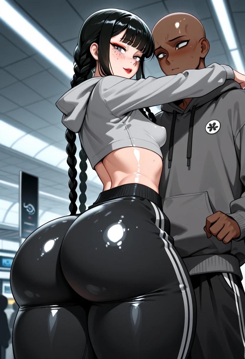 Exercise clothing, yoga pants, sports bra, large breasts, big butt, thin waist, toned body, muscular, toned arms, tall, looking down at viewer, purple eyes, long hair, straight hair, one woman, solo, sweaty, shiny skin