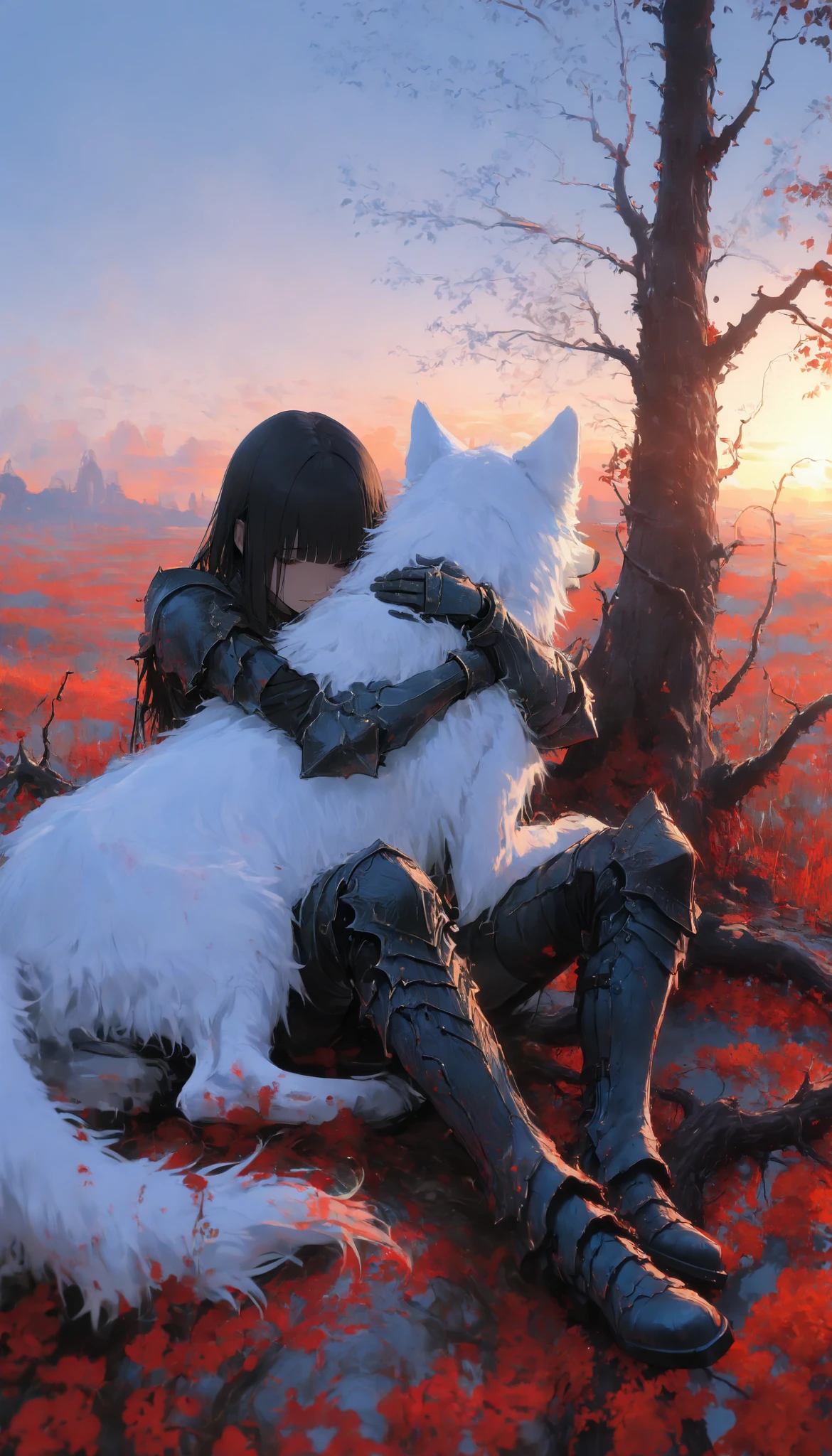 close up of a girl .heavy armor,clear sky,Game of luses,sunset,artistic contrast.white wolf.thorns,blood,1 girl sitting,Lying in a tree,wolf lying on top,Hug,( masterpiece, best quality), safe, bangs of incredible quality , very aesthetically pleasing, absurdities, highres, newest , HDR-10, 8K, high detail RAW color art , large pupil , eyelashes, high detail RAW color art , impressionism, Focus on the movement , instant capture , Aesthetically Beautiful , beauty of shapes ,