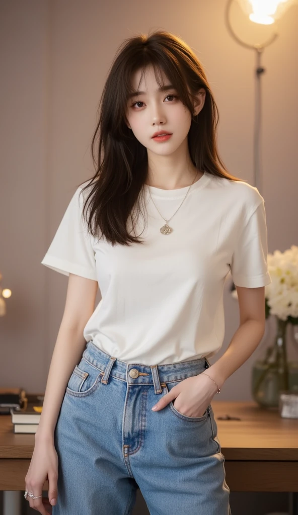 absurdres, RAW photo, extremely delicate and beautiful, masterpiece, Best Quality, ultra high resolution, 32k, hyperrealistic, ultra-detailed, perfect anatomy, super Detailed skin, perfect figure, Super Beauty, Perfect Style, Perfect balance, Beautiful Lighting, Perfect Lightning, Realistic Shadows, 20 years old, very Slim body, narrow waist, very small head, very small face, delicate facial features, handsome detailed woman, very detailed eyes and face, realistic face proportions, Realistic beautiful face, Realistic beautiful eyes, tearful mole, earring, very huge round breasts, legs, medium hair, whole body shot, indoor, tight skirt, cropped T-shirt,
