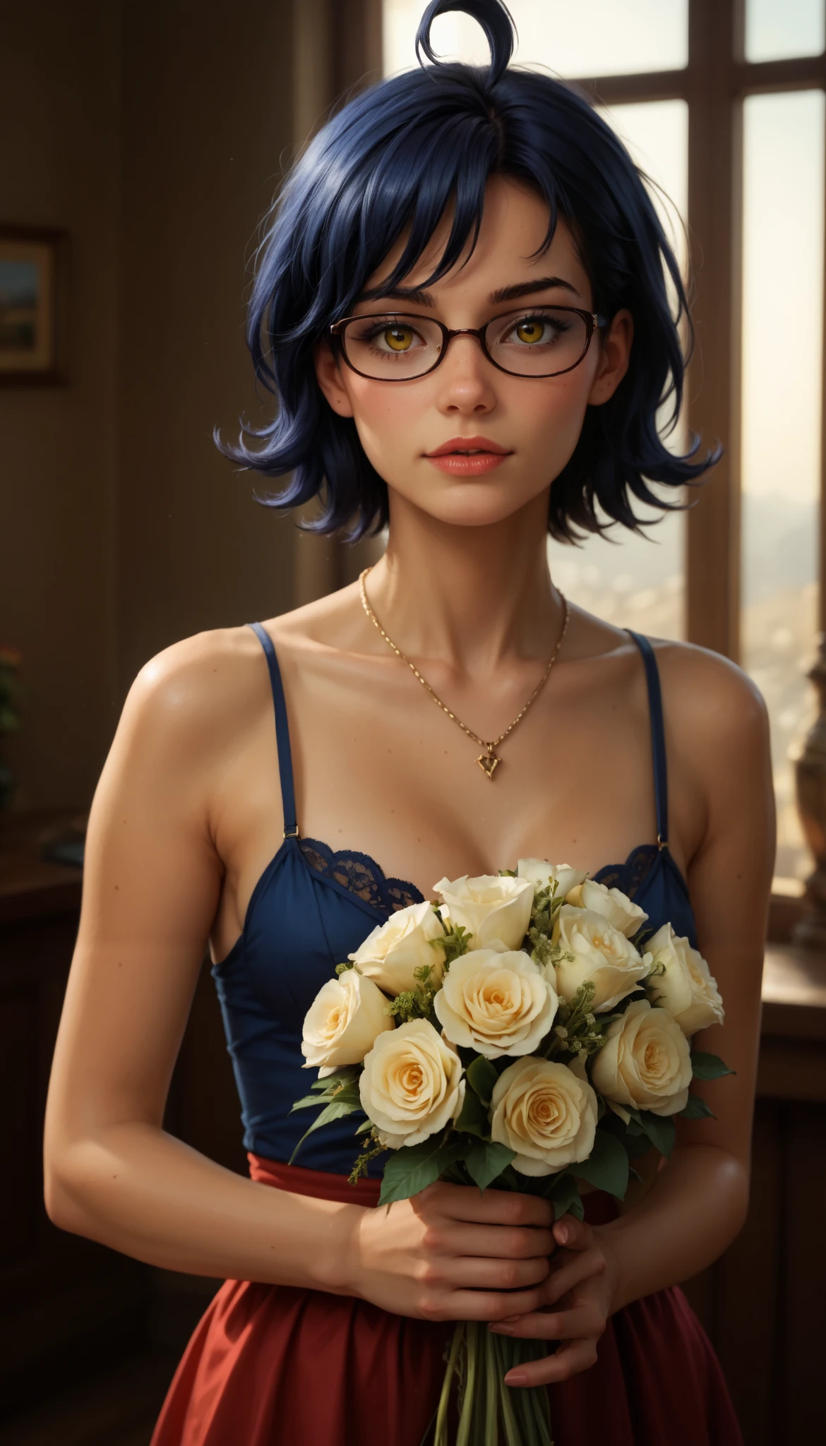 score_9, score_8_up, score_7_up, score_6_up, realistic, mz, glasses, ahoge, short hair, blue hair, detailed portrait of a young girl with striking yellow eyes, 8K Ultra HD with cinematic lighting, ray tracing, smooth skin, subtle blemishes. The soft reflections of light in her expressive eyes add to her lifelike appearance. True-to-life colors with HDR and cinematic color grading enhance the realism. The golden ratio composition ensures perfect framing, making her appear lifelike and naturally posed. The soft lighting creates delicate shadows that contour her face, highlighting her youthful features and making her expression feel authentic, hold a bouquet of tulips in hand