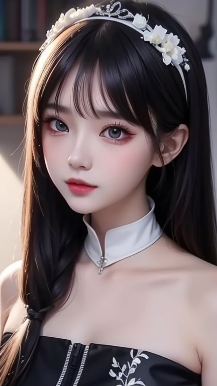 One wearing a white dress、Close-up of woman wearing black headband, guweiz style artwork, IG model | artistic germ, extremely detailed artistic germ, surreal anime, Soft portrait shots 8K, artistic germ. anime illustration, Bowater's art style, Blue-haired princess, 8k artistic germ bokeh,blue hair,semi long hair,blue eyes,Beautiful glasses,wear glasses(focus),huge ,bright smile