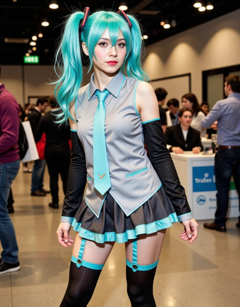 (Seios grandes Hatsune Miku,electronic singer,cabelo verde,Ombros nus,uma saia preta,mangas pretas,(Blusa de cor branca),Roupas brancas,8k,A high resolution,olhos verdes,fundo do concerto,No local do concerto,em concerto,Only beautiful thighs are exposed,the clothes are white,The big arm number is 01,The number is 01,fundo brilhante,Leaves'uma gravata para usar,Posar de uma maneira que uma garota posaria,cabelo de alta qualidade,The eyes of the anime heroine,Olhos de detalhes ultraelevados,olhos de alta qualidade,gravata longa,The length of the tie is thirty cm,Olhos de alto detalhe