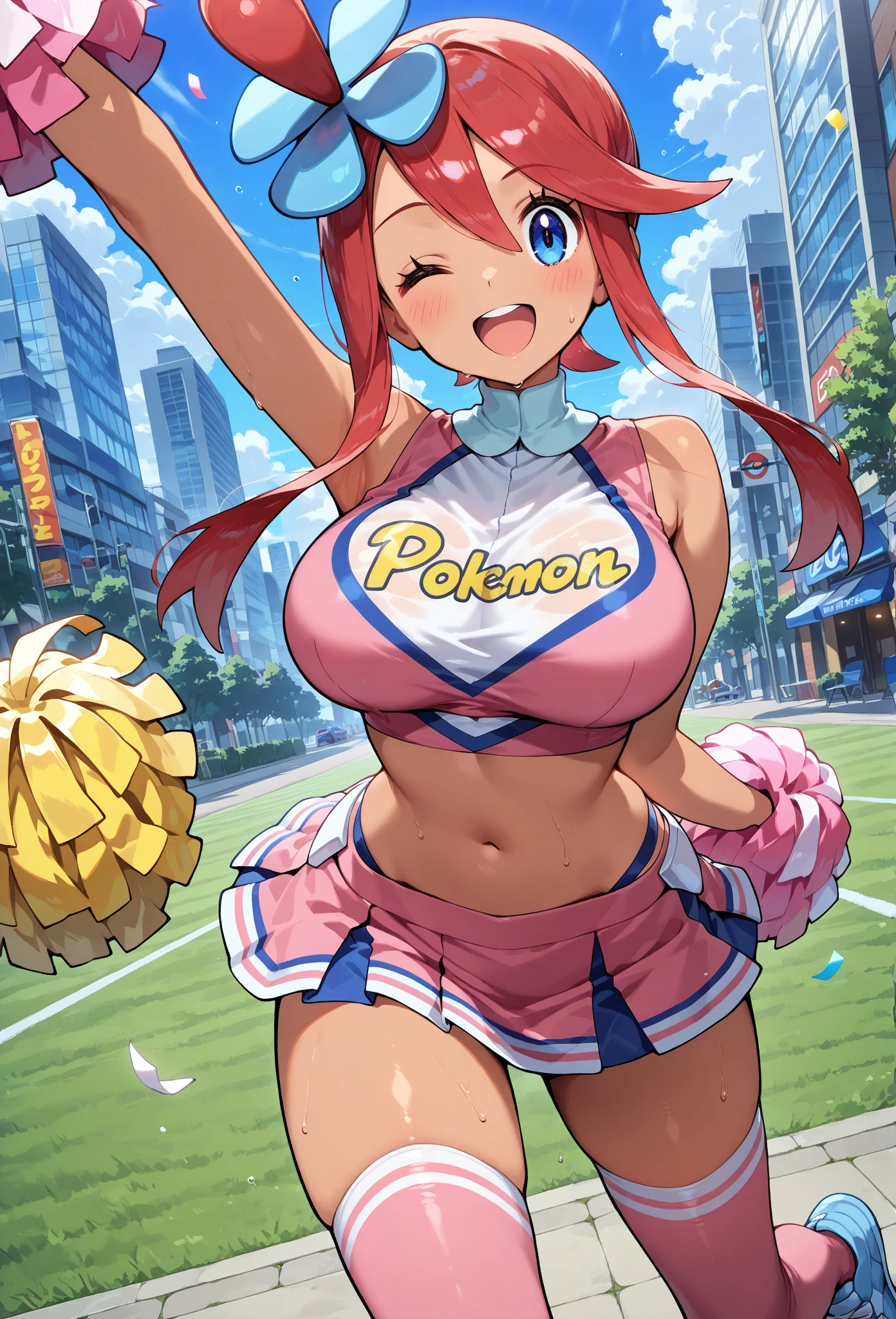 score_9, score_8_up, score_7_up, score_6_up, score_5_up, score_4_up, BREAK 1girl, , starfire,, 1girl, , , starfire, dark skin, dark skinned female, starfire from teen titans, preppy girl, cheerleader, outside, football field, microskirt, crop top, shirt up, pom poms, cheerleading, action shot, wardrobe malfunction, pussy, breasts out,  exposed midriff, smile, nipples, underboob