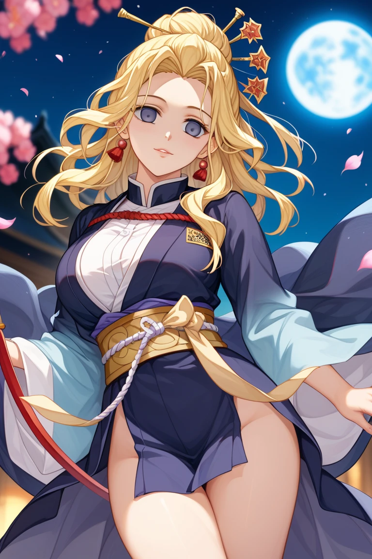 ftselenekim, pink eyes, mature female, blonde hair, hat, clothes, ftselenecas, pink eyes, blonde hair, maturefemale,cleavage, kimono, japanese clothes, moon, white clothes , big chest, smile, perfect waist, large breasts, kimono