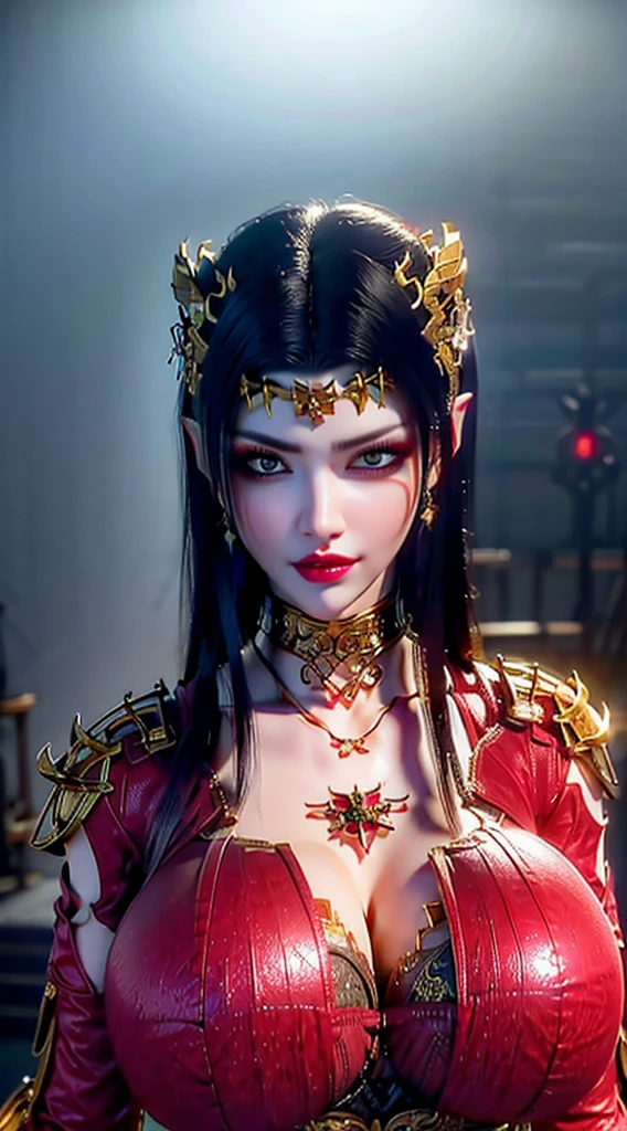 1 very beautiful queen medusha in hanfu dress, thin red silk shirt with many yellow motifs, black lace top, long hair dyed black, beautiful hair jewelry, pretty face pretty and cute, perfect face, earring jewelry, head and hair jewelry, antique jewelry, big red eyes, sharp eye makeup, meticulous makeup eyelashes, thin eyebrows, nose tall, pretty red lips, no smile, pursed lips, rosy cheeks, breast augmentation, wide breasts, big breasts, well-proportioned breasts, slim waist, red mesh stockings with black lace, Chinese hanfu style, fictional art patterns, colors vivid and realistic, RAW photos, realistic photos, ultra-high quality 8k surreal photos, cool photos, (virtual lighting effects: 1.8), 10x pixels, magic effects (background): 1.8), super detailed eyes, beautiful girl body portrait, girl alone, ancient hanfu background, looking directly at the audience, wide original photo, 8k quality, super sharp, detailed and clear picture best, detailed light background,