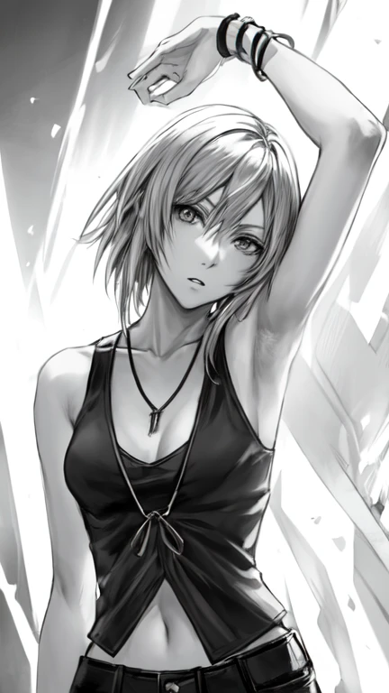 Profile of a cheerful blonde short-haired girl, side boob exposed Screentone processing Shading