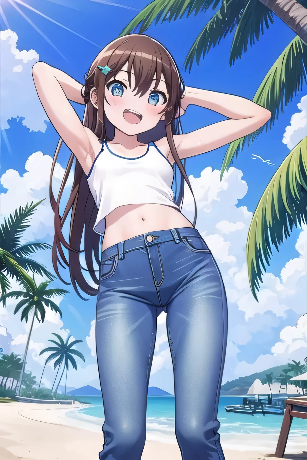 masterpiece,best quality,ultra detail, ((Perfect Face, Perfect Arms, Perfect hands, Perfect Fingers)), 1girl, , petite, ((round face, ecstasy, orgasm face, drooping eyes, shame smiling, blush)), dropping eyes, sleepy, Open mouth, ((White teeth)), background((under the beach, (day:1.2), palm tree, bright sky)), miku hatsune, ahoge, aqua eyes, (brown hair:1.4), crossed bangs, hair between eyes, hair ornament, (long hair:1.4), (straight hair:1.7), ((arms behind head, hands behind head, fingers behind head)), ((contrapposto)), spread armpits, looking at viewer,, (white tank top:1.2), (white crop top:1.2), (jeans pants:1.2, flares jeans:1.2, skinny jeans:1.2, blue jeans:1.2), standing, (legs spread:1.4), sex pose, Sweaty crotch, Steam from the crotch, from below, whole body