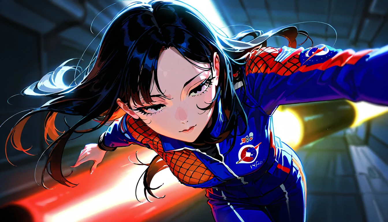 (highest quality:1.2, Very detailed, up to date, Vibrant, Ultra-high resolution, High Contrast, masterpiece:1.2, highest quality, Best aesthetics), Portraiture、girl、((25-years-old:1)), Soryu Asuka Langley, red costume, long sleeve, Beautiful fine details、Bright colors、Beautiful lip detail, long hair、black and purple ((streaked hair:1.6)), highlights hair: 1.5, brown eyes, gold earrings, ((slim body:1.6)), (small breast:0.5), (dark skin:0.5)), space base, (cowboy shot:1), looking viewer