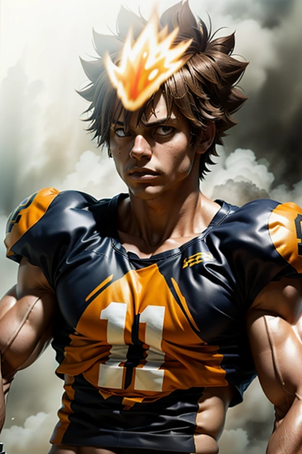 solo, 1boy, Tall, Handsome, Muscular, very masculine, broad shoulders, bare muscles, shredded muscles, wearing football uniform, Sawada Tsuna