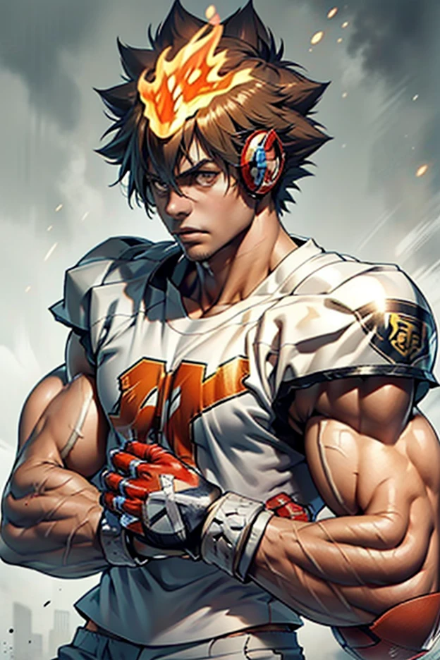 solo, 1boy, Tall, Handsome, Muscular, very masculine, broad shoulders, bare muscles, shredded muscles, wearing football uniform, Sawada Tsuna