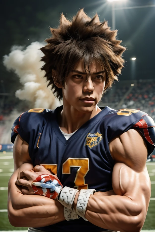 solo, 1boy, Tall, Handsome, Muscular, very masculine, broad shoulders, bare muscles, shredded muscles, wearing football uniform, Sawada Tsuna