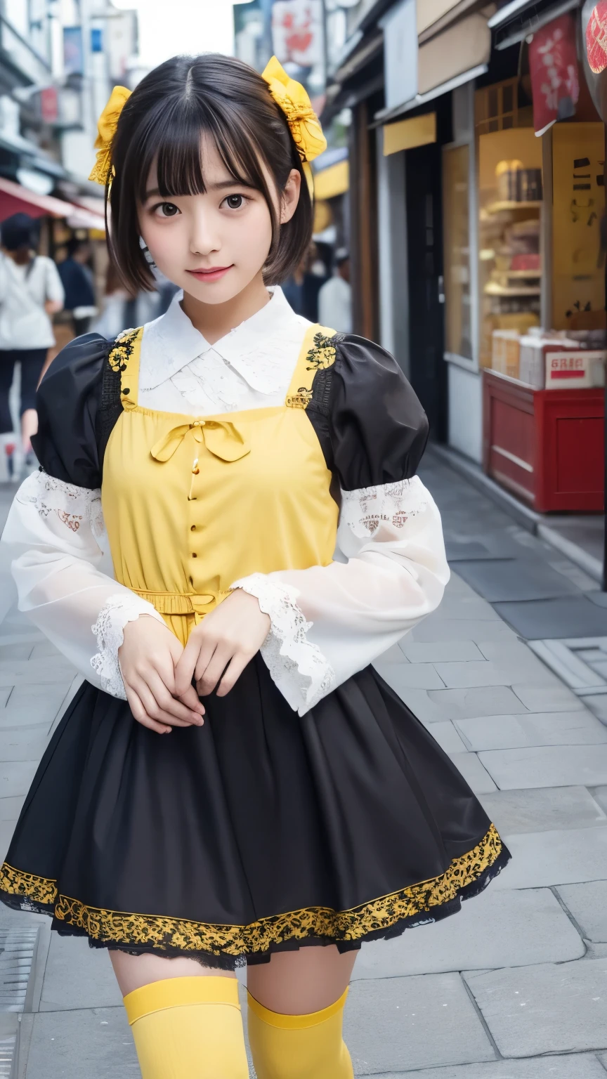 ((Top Quality)), ((masterpiece)), realistic images、Japanese Girl、 realistic image of the eye area 、Petite、 ish expression、、10age、bob hair、 black hair、 Slim、My bust isn't swollen、 ish expression、Real Face、Petite、yellow ta fashion clothes seen from next to each other、lace socks、Red Shoes、I'm walking looking at the shops in the hot spring district、Bustling shopping street、They make manju、Stores that sell souvenirs,I'm walking very happy、