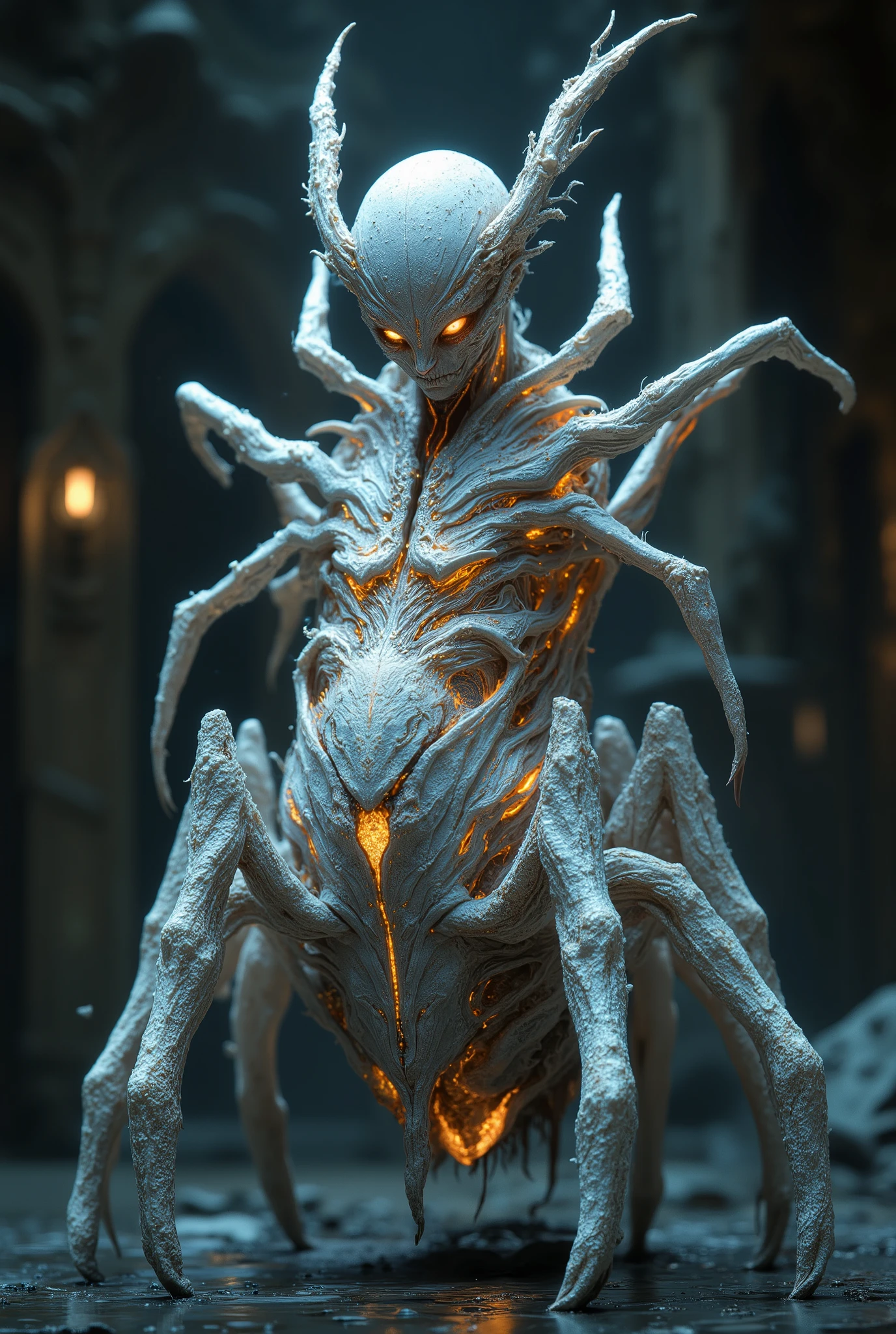 best quality,4k,8k,highres,masterpiece:1.2),ultra-detailed,realistic,photorealistic:1.37,this creature, a terrifying fusion of spider and human female with six arms, embodies a grotesque harmony of two distinct forms. Its upper body retains the unmistakable features of a woman, albeit distorted by the merging process. its eyes gleam with a sinister intelligence, more arachnid than human. (no hair, white skin:1.3), From the torso sprout four additional limbs, elongated and jointed like a spider's, yet retaining a disturbingly human fleshiness. These arms are equipped with fingers that end in sharp, chitinous claws, capable of rending flesh with ease. The lower body is a fusion of spider and human anatomy, with the abdomen stretching out behind like that of a monstrous arachnid. Jagged spines protrude from its exoskeleton, each one a reminder of its unnatural origins. The legs, a grotesque combination of human thighs and spider's hairy appendages, provide both agility and strength, enabling it to skitter across surfaces with alarming speed and grace. In its presence, one cannot help but feel a primal fear, as if staring into the abyss where human and arachnid merge to create a nightmare incarnate.neon colors