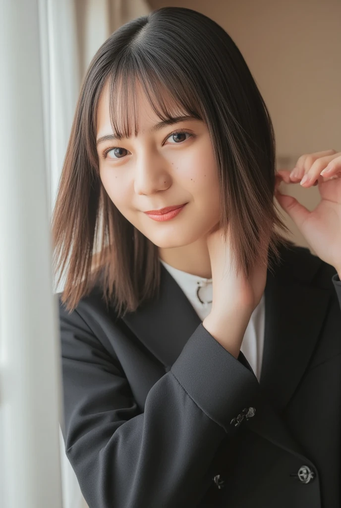 ((1 girl)), Very beautiful Japanese idol portraits, (RAW Photos, highest quality), (Realistic, Realistic:1.4), (masterpiece), Very delicate and beautiful, Very detailed, 2k wallpaper, wonderful, finely, Very detailed CG Unity 8K 壁紙, Very detailed, High resolution, Soft Light, Beautiful detailed girl, Very detailed目と顔, Beautiful and detailed nose, finelyて美しい目, Cinema Lighting, (Simple light color background:1.3), (Long Hair), (Parted bangs), Complete Anatomy, Slender body, Small breasts, smile, ((Full body shot)), ((banker)), (business suit),(Panty lines),Sexy pose,Vibrant,((secretary)),