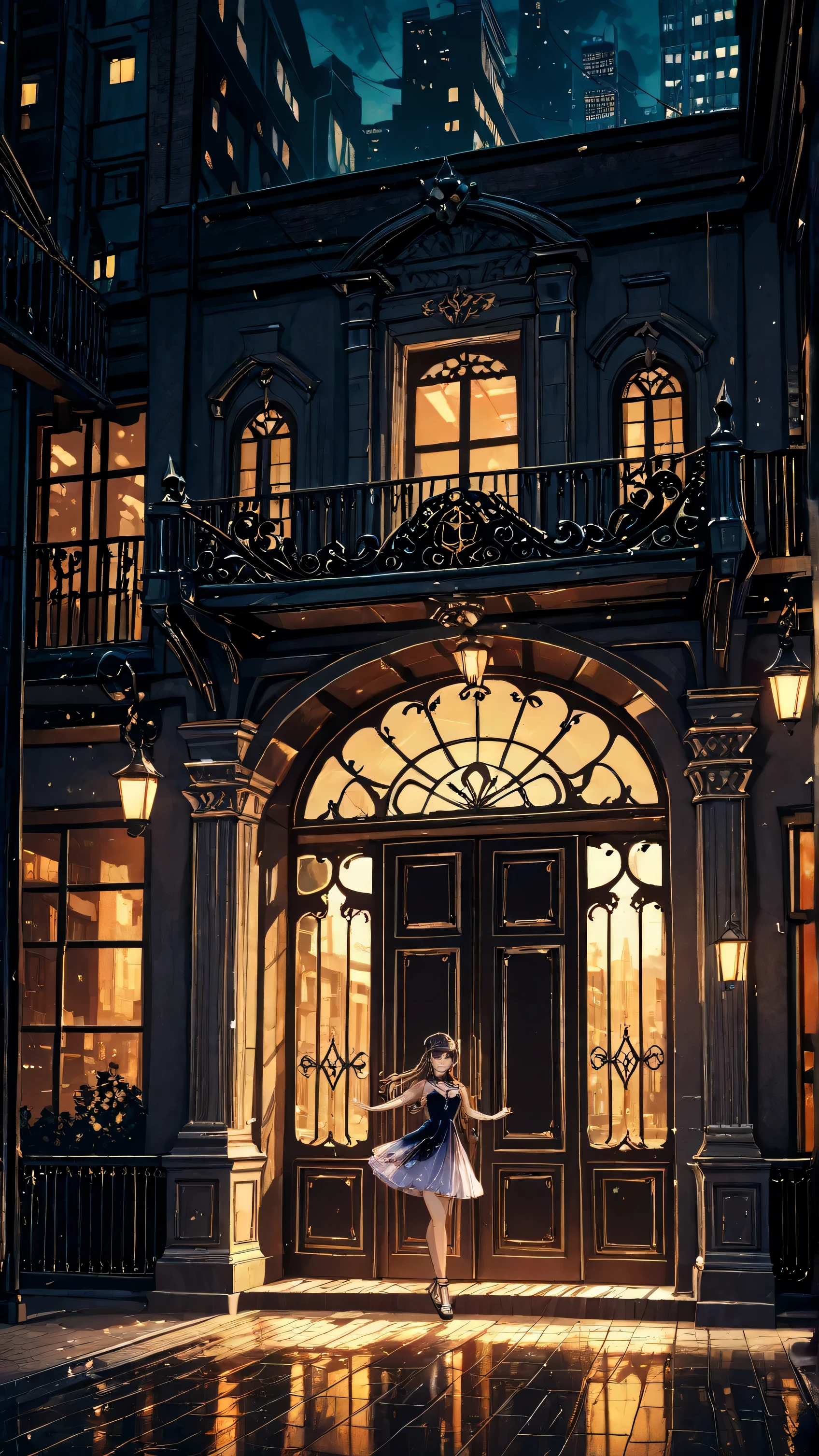 A splendid door with a retro gate、It looks like a skeleton is dancing、Electro swing atmosphere、cityscape、Stylish scenery、classical style、
