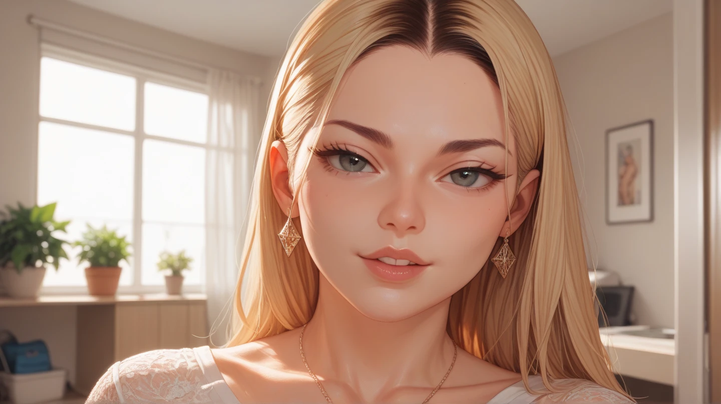 Disney pixar 3D style drawing, blonde woman long hair round face brown eyes with a thin nose smiling, wearing a black t-shirt with souto store written in navy blue