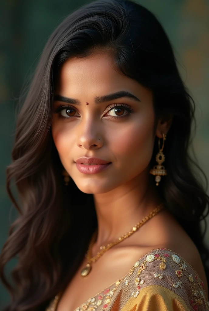 Portrait of Indian most beautiful and attractive woman in her 30s as a beautiful female model, beautiful face, [[Long Brunette Shag with Subtle Highlights]] Her dark hair falls in loose waves around her face, dramatic lighting, trending on art-station, portrait, digital art, modern, sleek, highly detailed, formal, determined, pink liner lipstick, soft lips, black eyes, happy, nacked