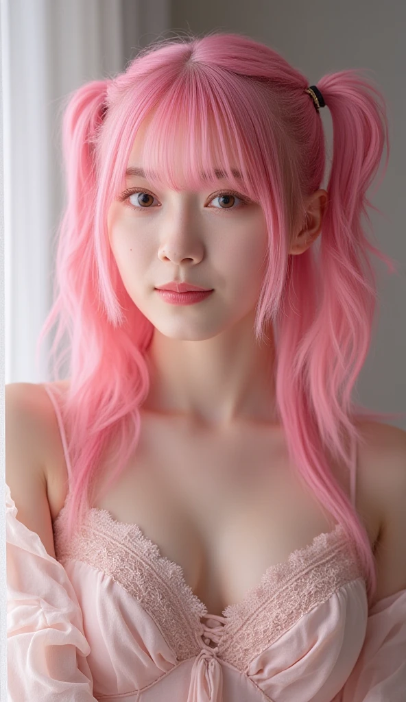 (nude :1.50),(orgasm face:1.5) ,(8k, highest quality, masterpiece:1.2), (Realistic, Photorealistic:1.37), Super detailed, One Girl, (Very detailedな), (Beautiful and detailed eyes), (highest quality), (Very detailed), (masterpiece), (Detailed face), 20-year-old, 1 girl, ((Pink Hair, Long Hair)), Medium chest, Dressed, Perfect lighting, break (Cute Bodysuits:1.5), (Pastel Pink:1.4), (White polka dots:1.4), (spandex:1.3), (Smooth texture:1.3), (Tight fit:1.4), (high cut leg:1.3), (Ruffles on chest and waist:1.4), (Lace details:1.4), (Small ribbon:1.3), (Pastel Pink knee-high socks:1.4), (White lace trim on socks:1.4), (Pastel Pink ballerina flats:1.4), (White ribbon accents on shoes:1.3), (Pastel Pink minimalist choker:1.3), (Simple white stud earrings:1.3), break (Upper Body:1.3), (Pink long wavy hair:1.5), (smile:1.4), (I narrowed my eyes a little.:1.3), (tilt your face slightly to the right:1.2), (Place your left hand on your hip:1.3), (Right hand relaxed:1.2), (Pastel Background:1.3), (Small white dots:1.2), (Soft natural light:1.4), (Warm atmosphere:1.3)