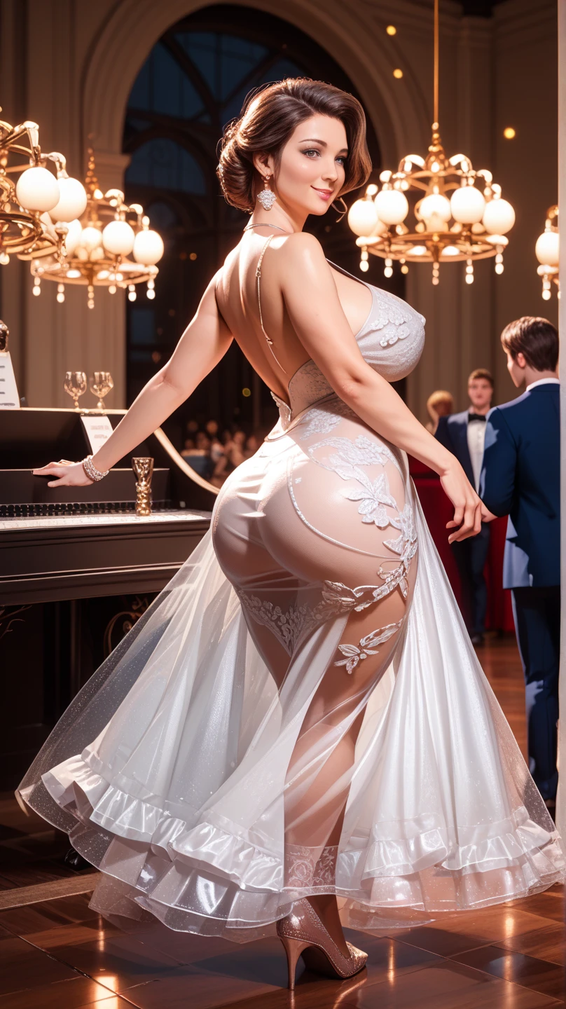 sensual beautiful woman, sensual dress, all tattooed body, low-cut dress, sun lighting, long dress, transparent dress beautiful woman, back,