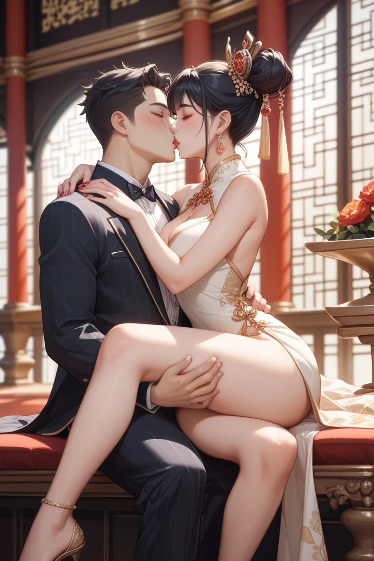 score_9, score_8_up, score_7_up,score_6_up,high resolution,adw,1girl,solo,source_anime,full body,in a castle,chinese clothes,high heels,short hair,black hair,realistic skin,volumetric lighting,rim lighting,dof,squatting,looking at viewer, blowjob, oral sex, deepthroat, cum on face, squatting, high heels, sucking penis, blowbang, gangbang fellatio, bukkake, cum drenched