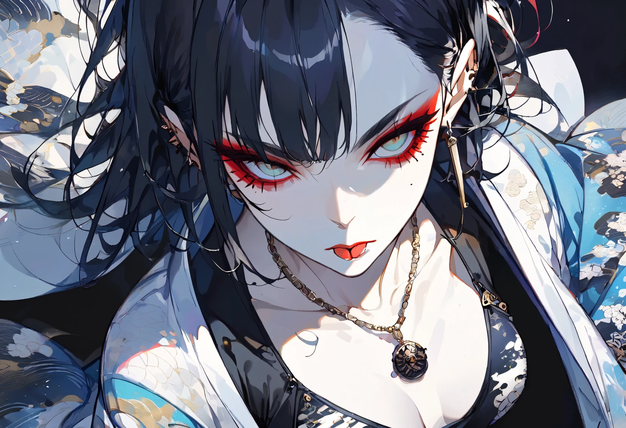 (((Ink painting))), (((from above))), ((( female 1 person))), (((Japanese pattern t-shirt))), (((punk))), ((( Very heavy makeup ))), (((Japanese patterned swimsuit))), (((Japanese patterned haori))), necklace with studs, Japanese style headphones, face up, front view, Japan人の美少女, black hair, Delicate and precise, Modern Ukiyo-e Style,Japan, droopy eyes, round face, glare, stick out your tongue, bright colors