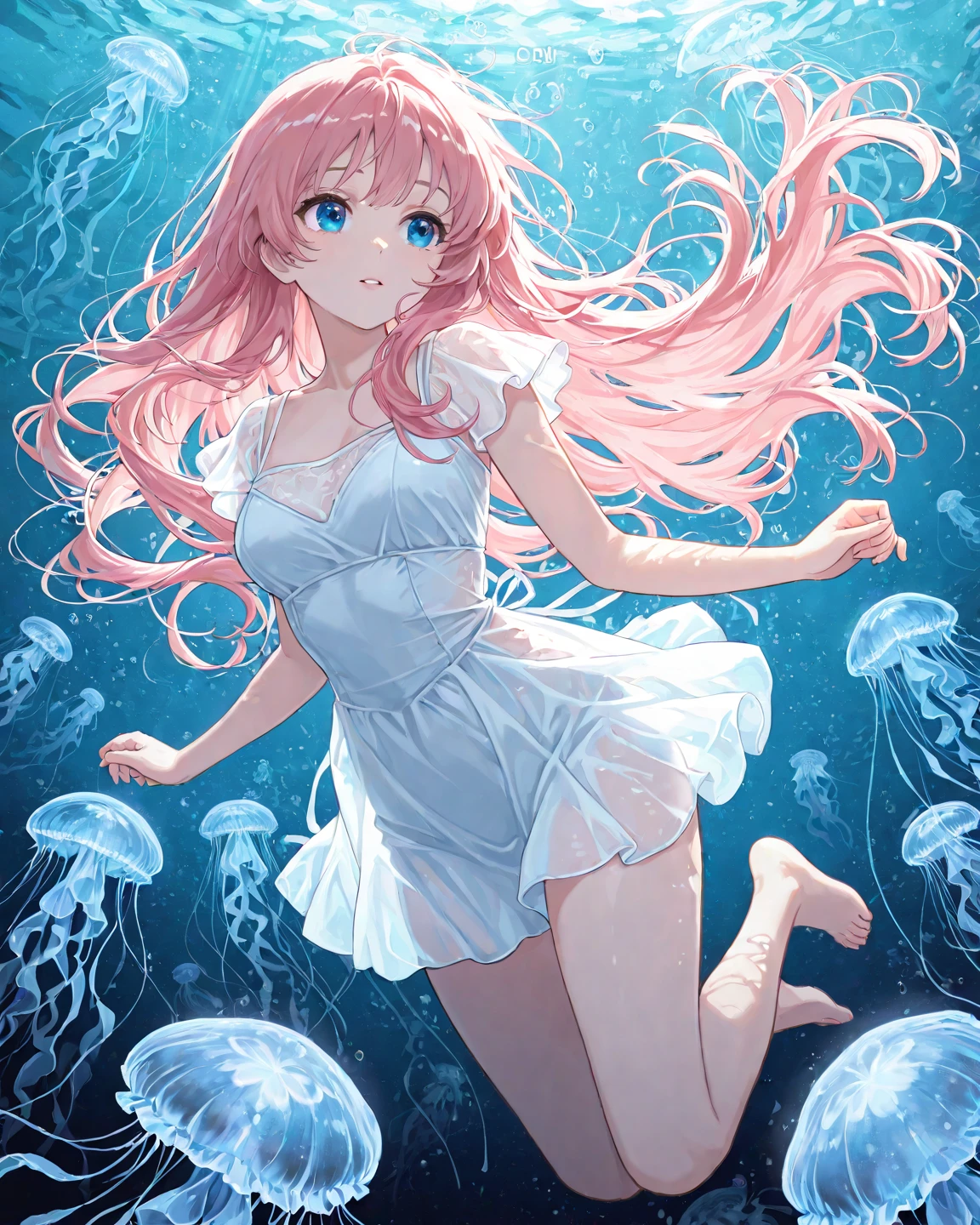 Cute girl in frilly dress with jellyfish underwater